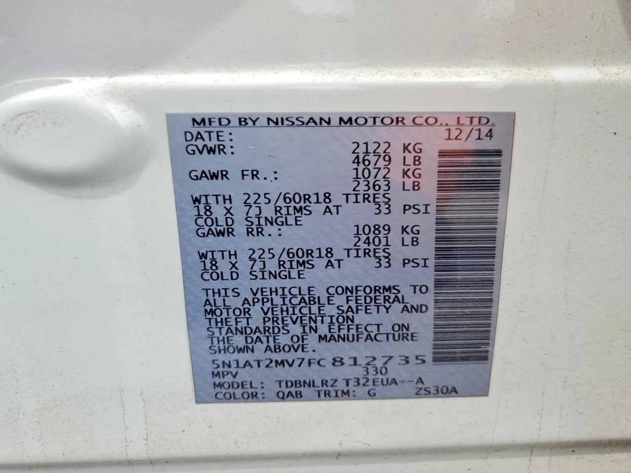 2015 Nissan Rogue Sl White vin: 5N1AT2MV7FC812735
