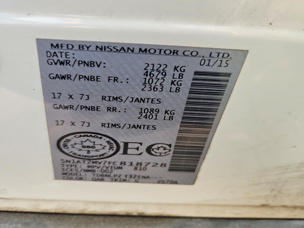 2015 Nissan Rogue S White vin: 5N1AT2MV7FC818728
