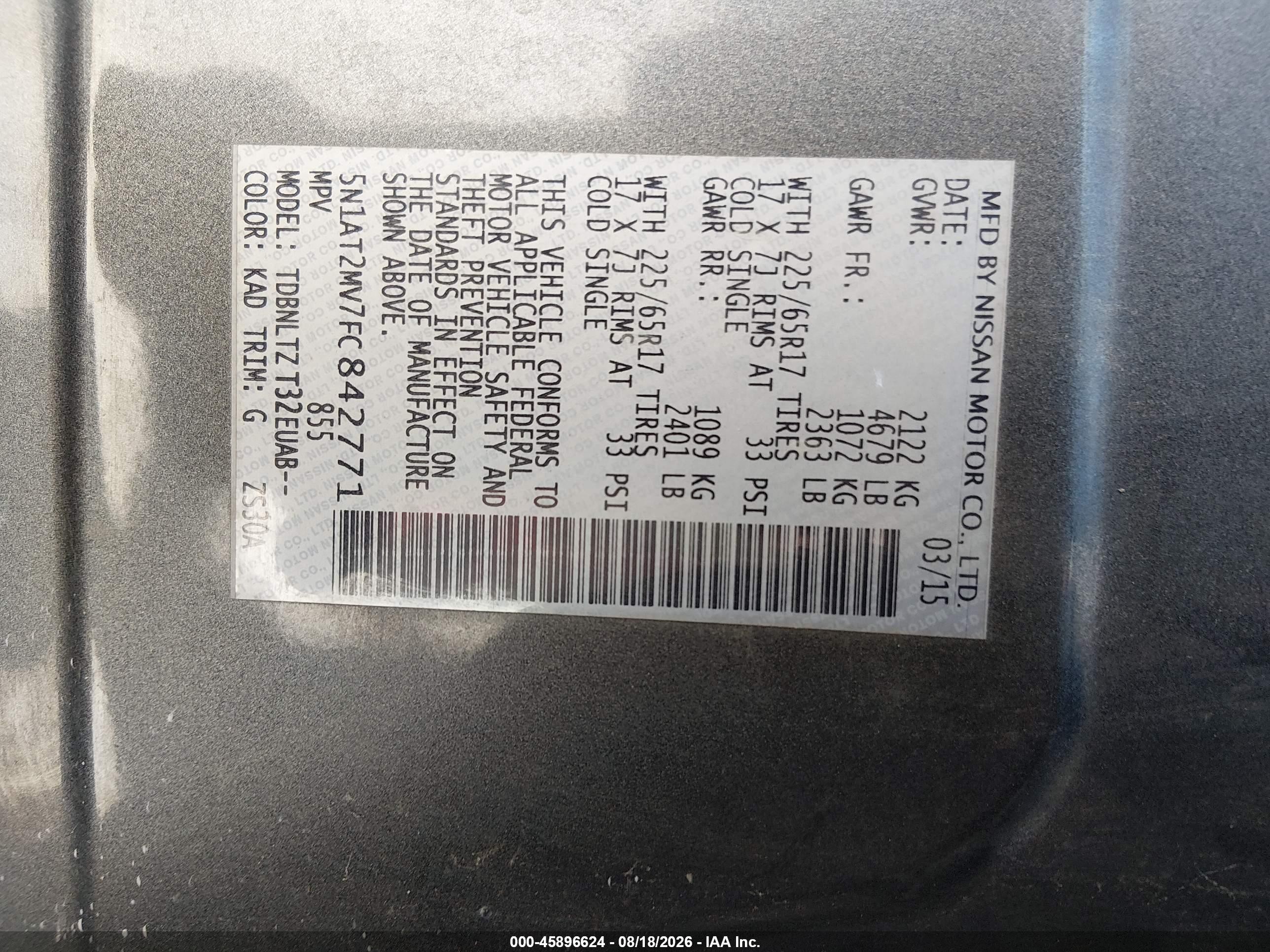 2015 Nissan Rogue Sv Gray vin: 5N1AT2MV7FC842771