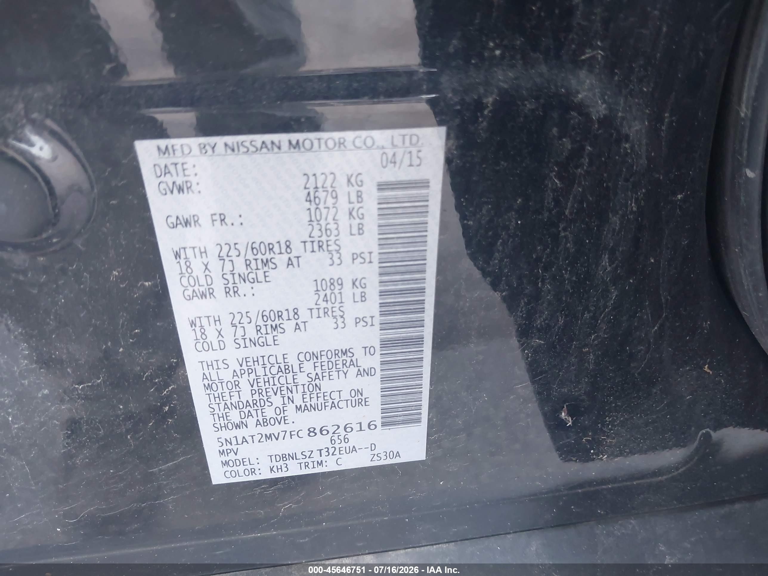 2015 Nissan Rogue Sl Black vin: 5N1AT2MV7FC862616
