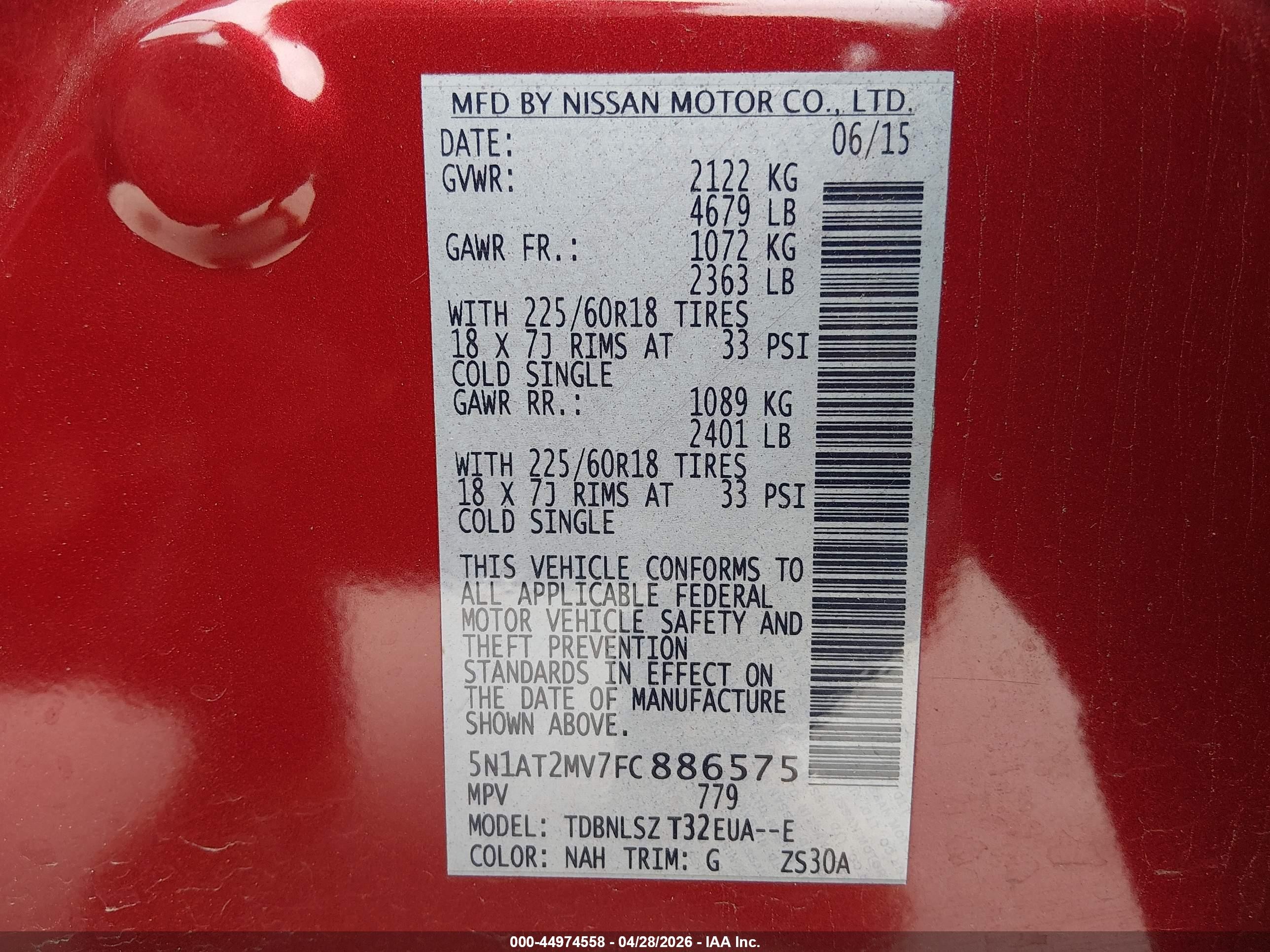 2015 Nissan Rogue S/sl/sv Red vin: 5N1AT2MV7FC886575