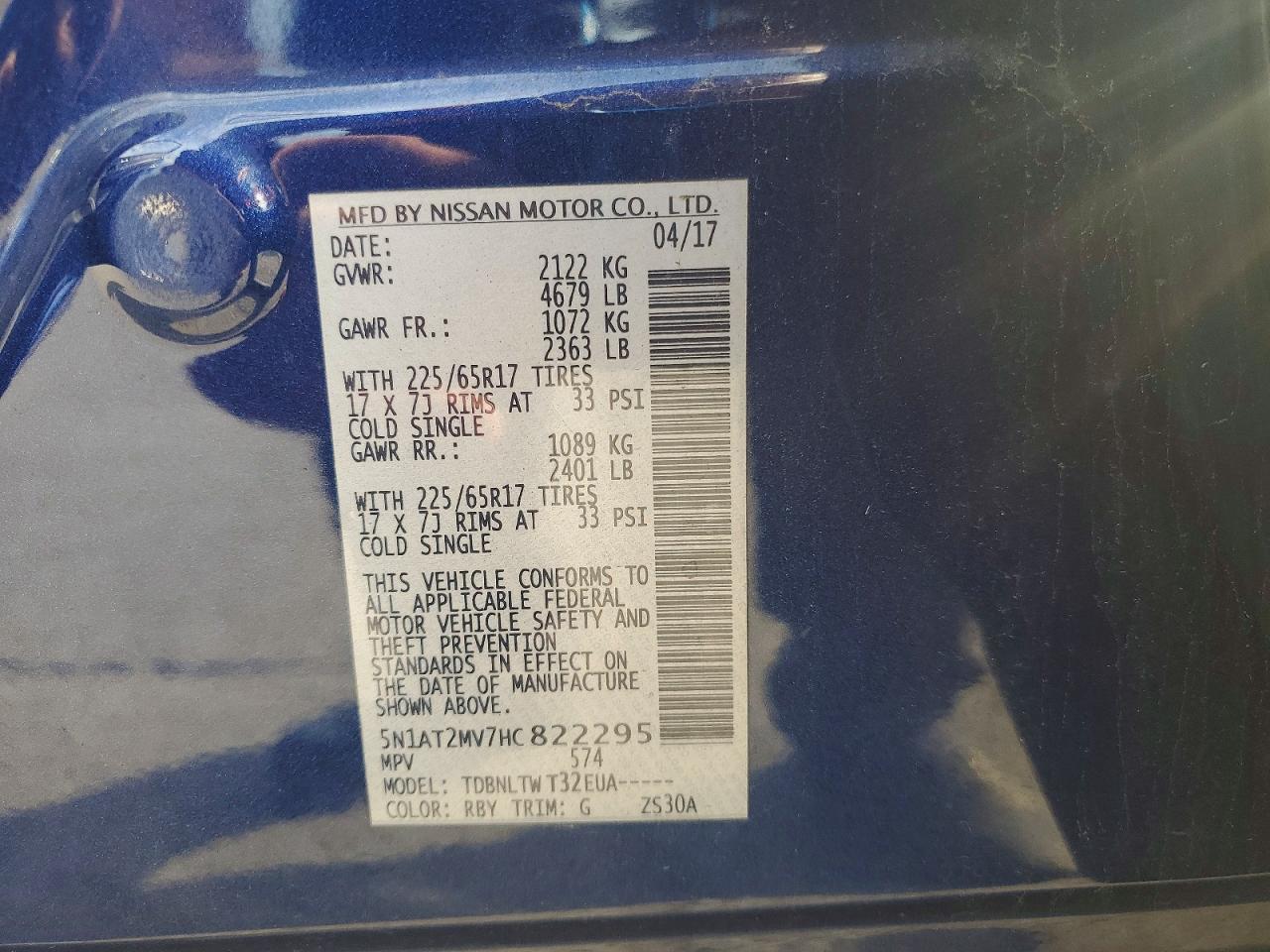 2017 Nissan Rogue Sv Blue vin: 5N1AT2MV7HC822295