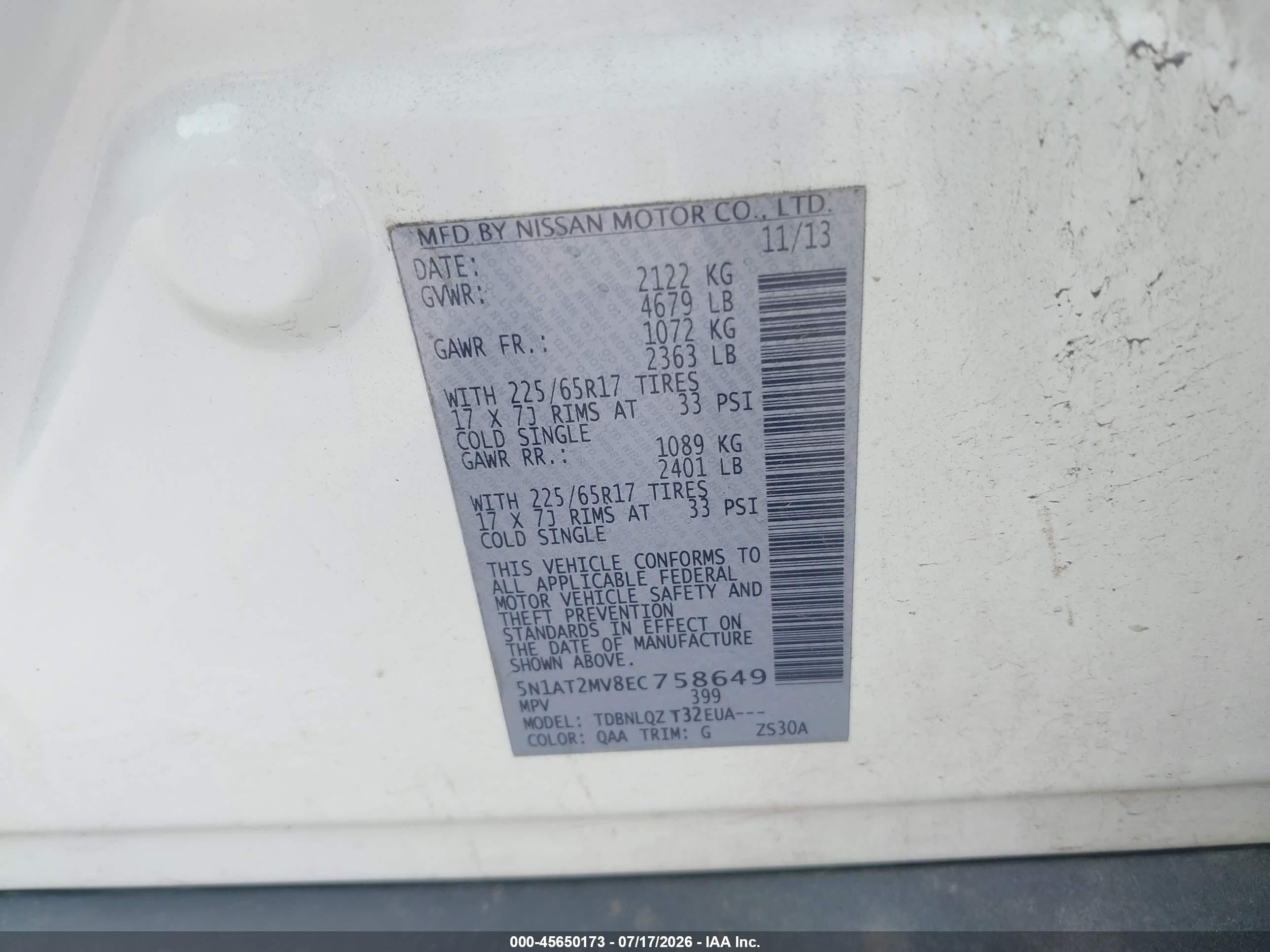 2014 Nissan Rogue Sv White vin: 5N1AT2MV8EC758649