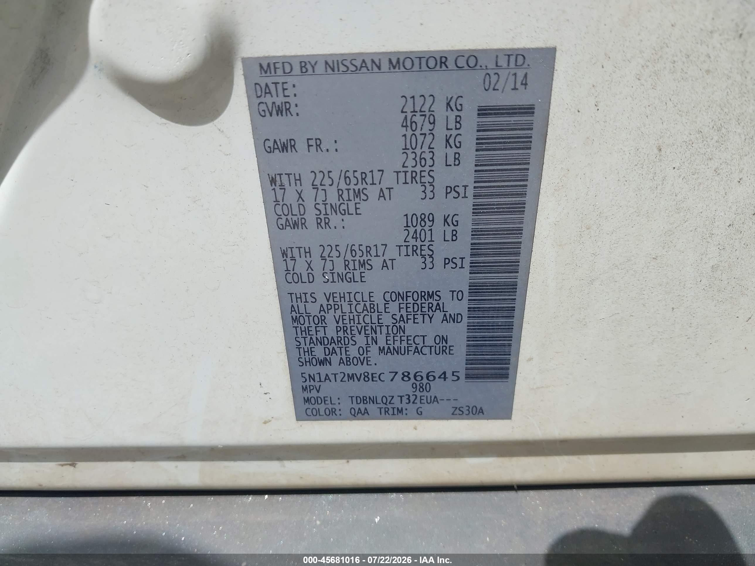 2014 Nissan Rogue Sv White vin: 5N1AT2MV8EC786645