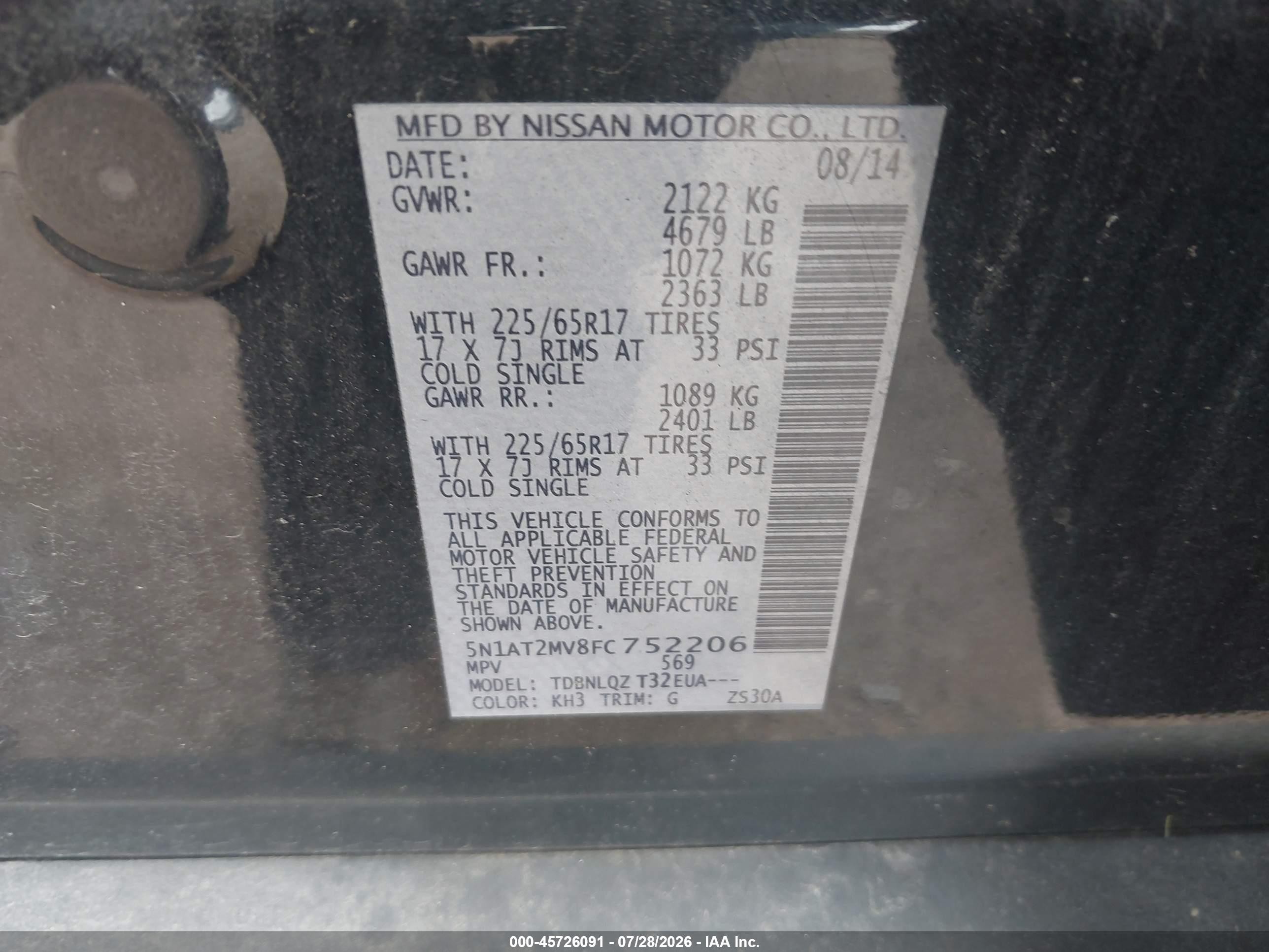 2015 Nissan Rogue Sv Black vin: 5N1AT2MV8FC752206