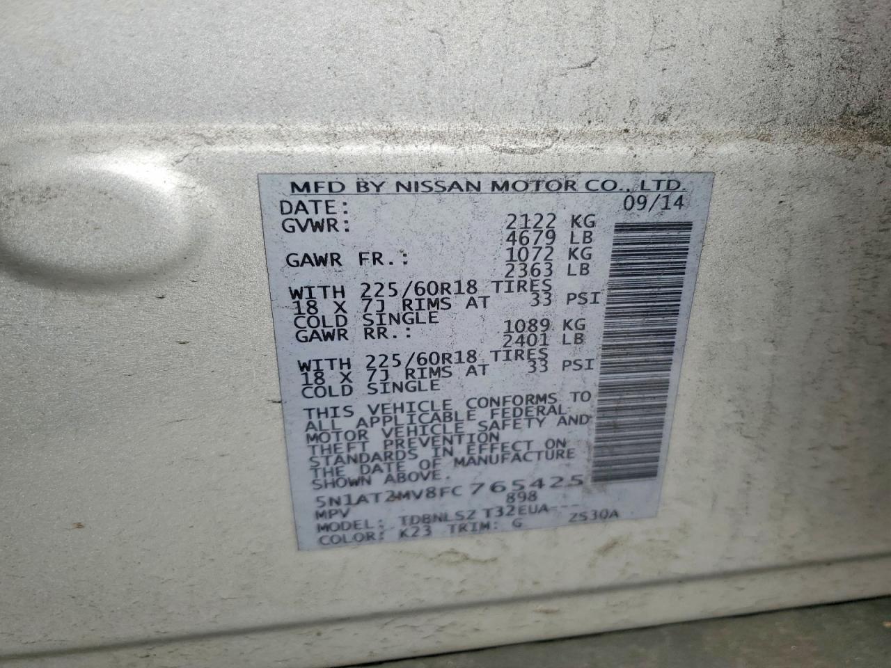 2015 Nissan Rogue Sl Silver vin: 5N1AT2MV8FC765425