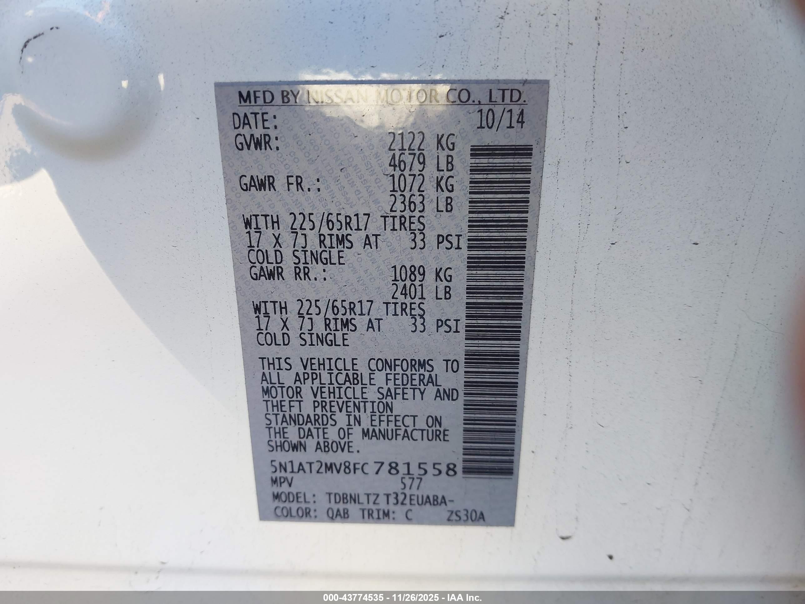 2015 Nissan Rogue Sv White vin: 5N1AT2MV8FC781558