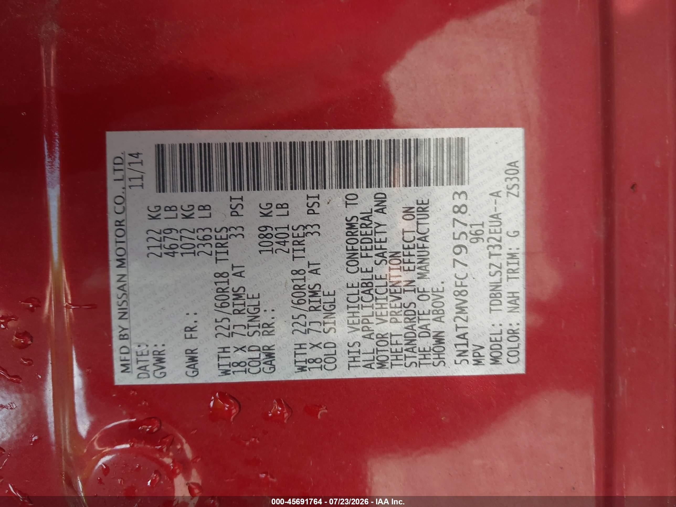2015 Nissan Rogue Sl Red vin: 5N1AT2MV8FC795783
