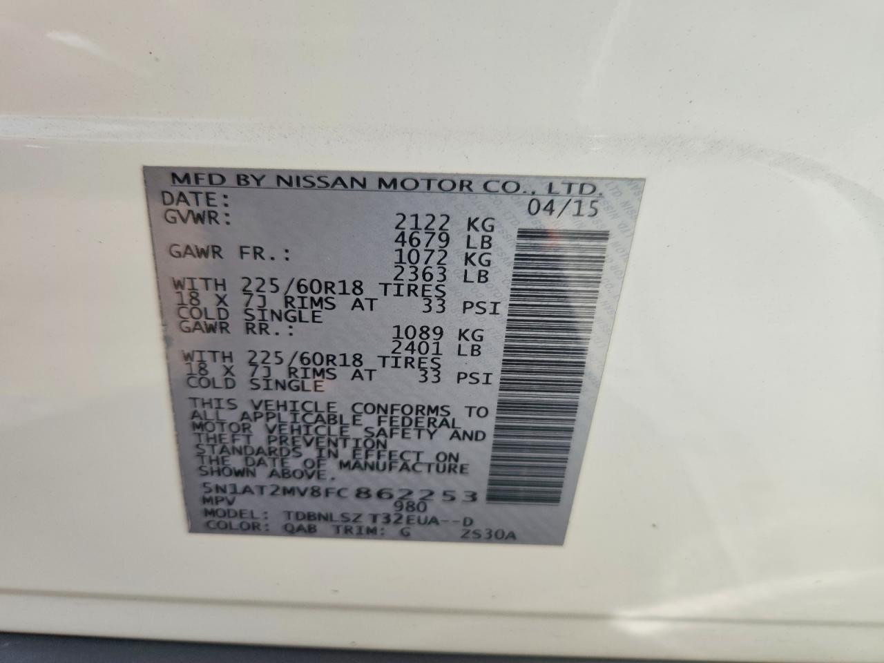2015 Nissan Rogue Sl Белый vin: 5N1AT2MV8FC862253