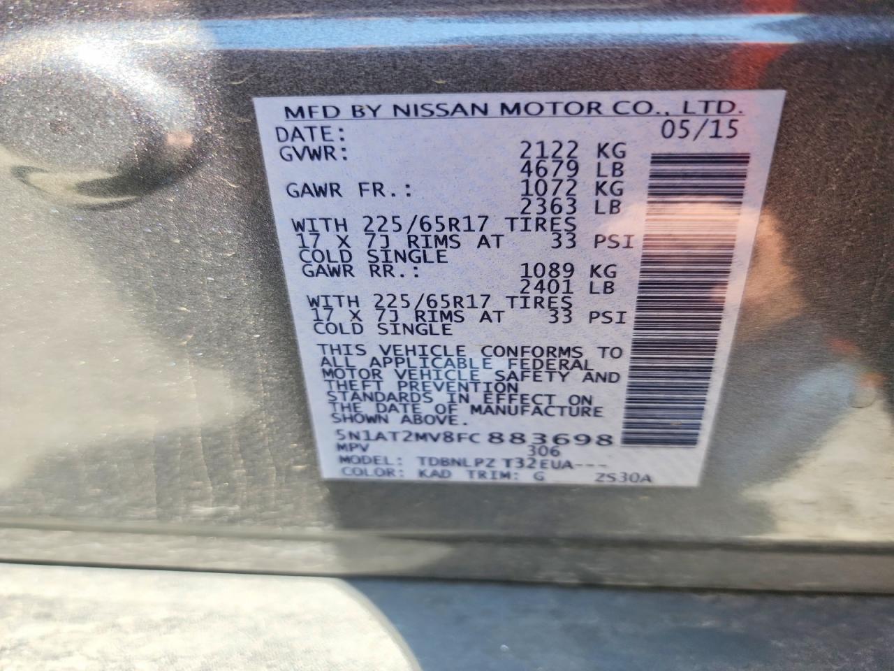 2015 Nissan Rogue S Gray vin: 5N1AT2MV8FC883698