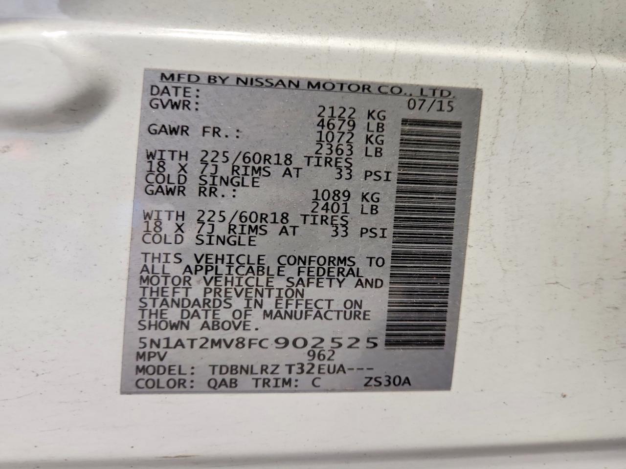 2015 Nissan Rogue Sl White vin: 5N1AT2MV8FC902525