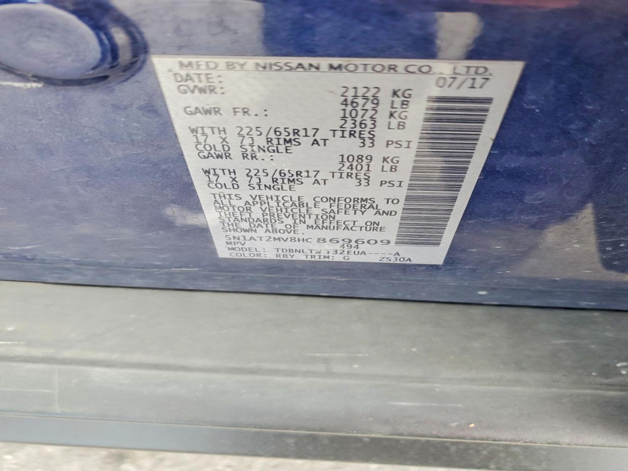 2017 Nissan Rogue Sv Blue vin: 5N1AT2MV8HC869609