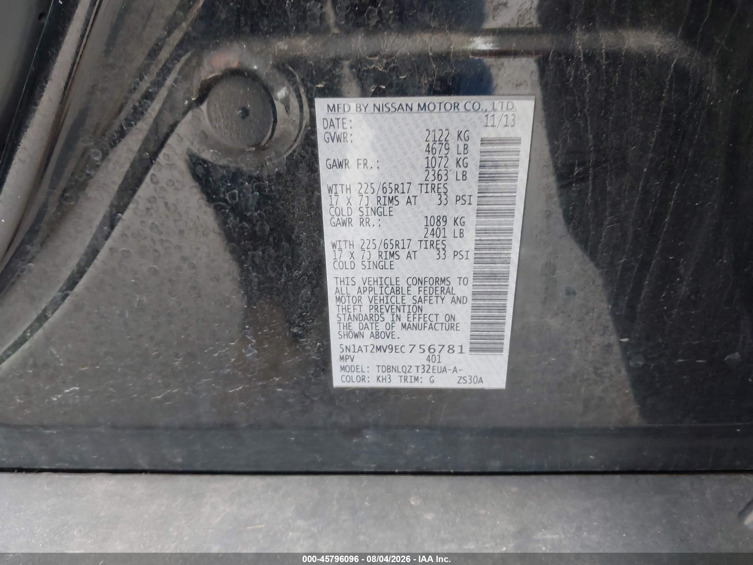 2014 Nissan Rogue Sv Black vin: 5N1AT2MV9EC756781