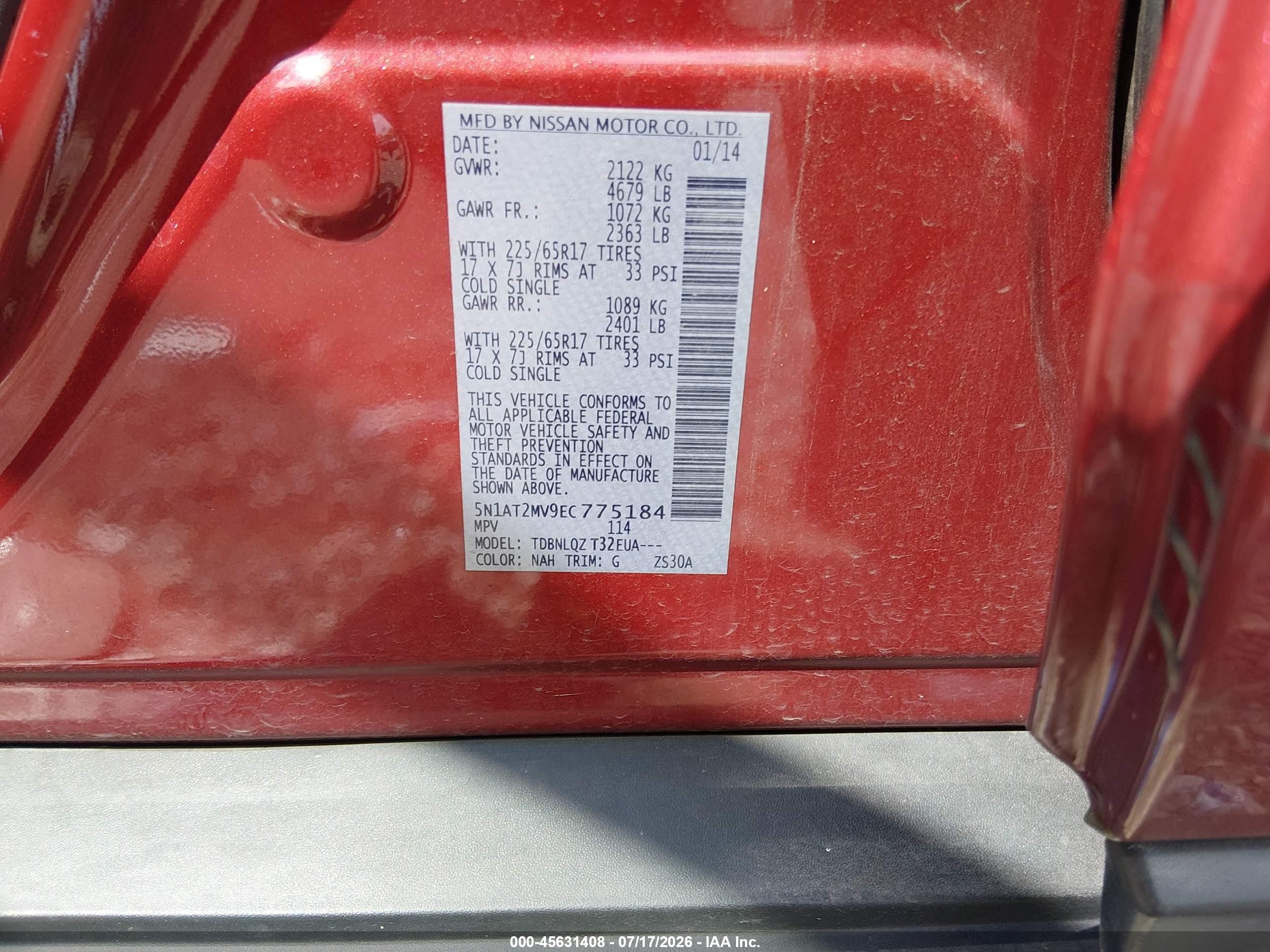 2014 Nissan Rogue Sv Red vin: 5N1AT2MV9EC775184