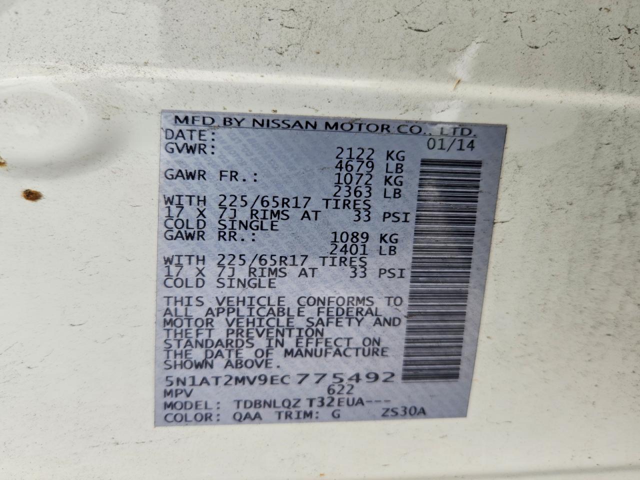 2014 Nissan Rogue White vin: 5N1AT2MV9EC775492