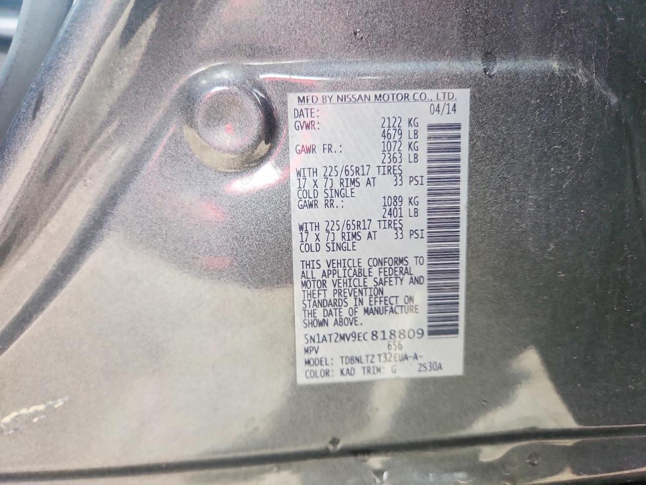 2014 Nissan Rogue Sv Gray vin: 5N1AT2MV9EC818809