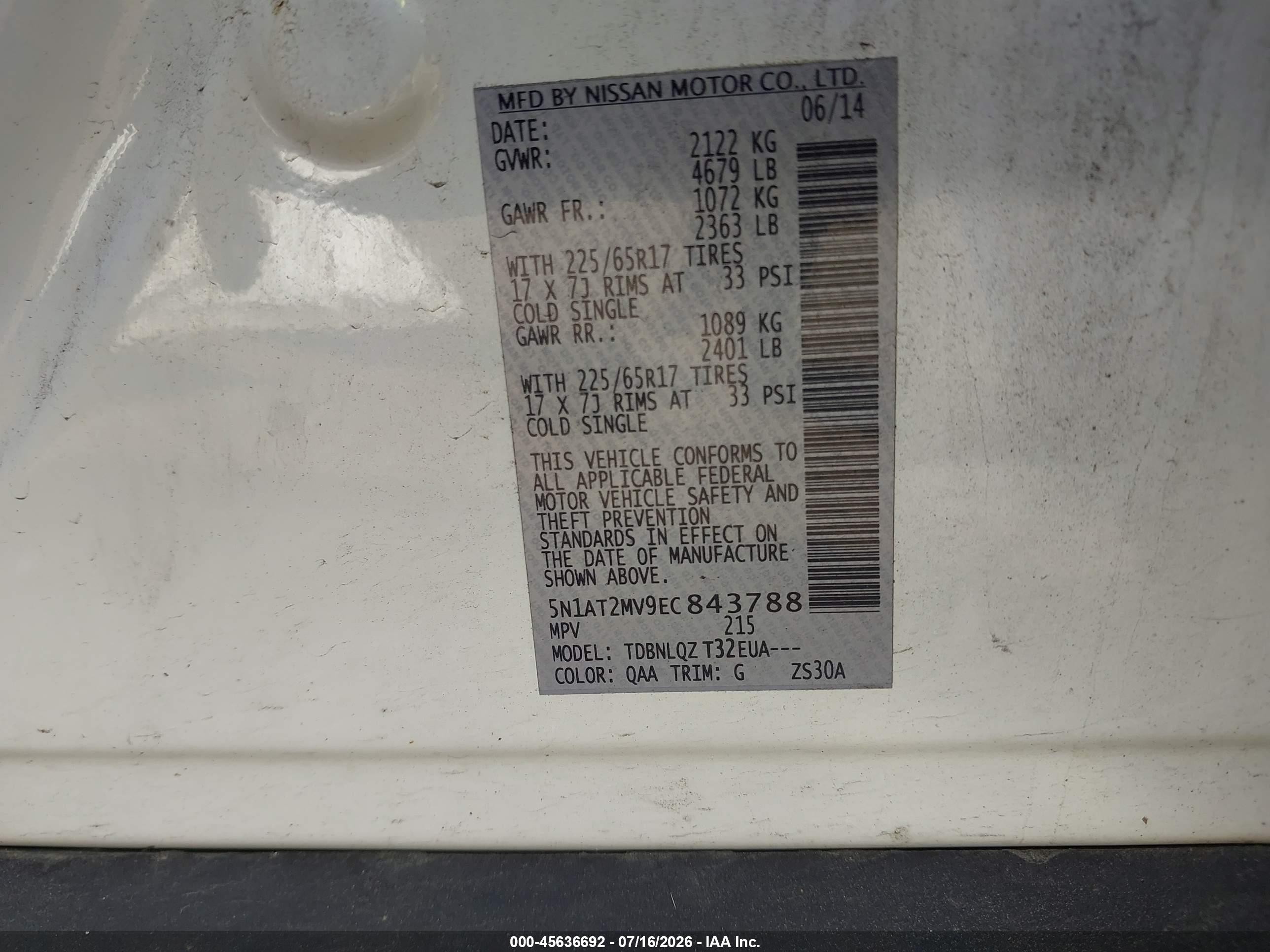2014 Nissan Rogue Sv White vin: 5N1AT2MV9EC843788