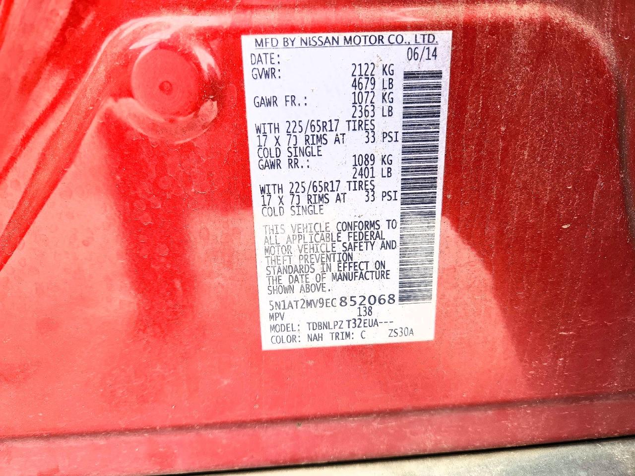 2014 Nissan Rouge Red vin: 5N1AT2MV9EC852068