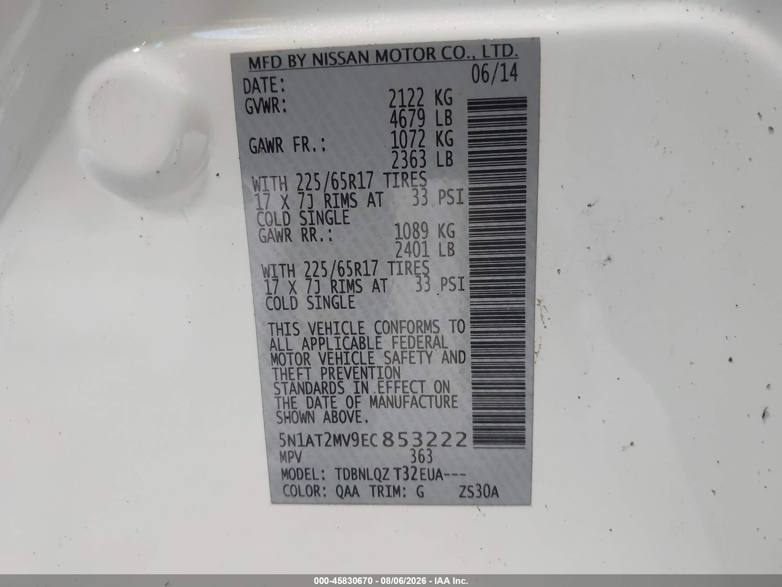 2014 Nissan Rogue Sv White vin: 5N1AT2MV9EC853222