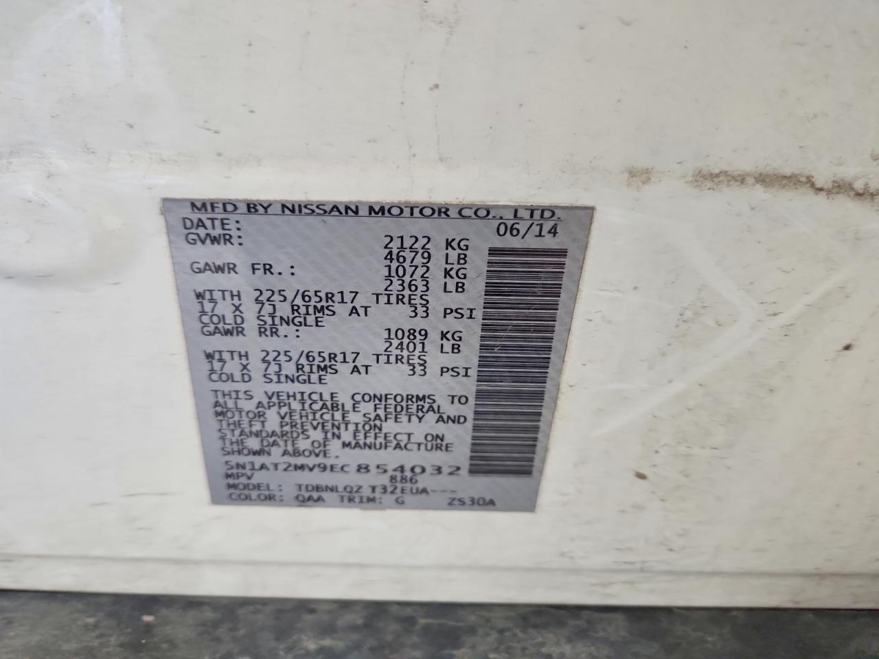 2014 Nissan Rogue Sv White vin: 5N1AT2MV9EC854032
