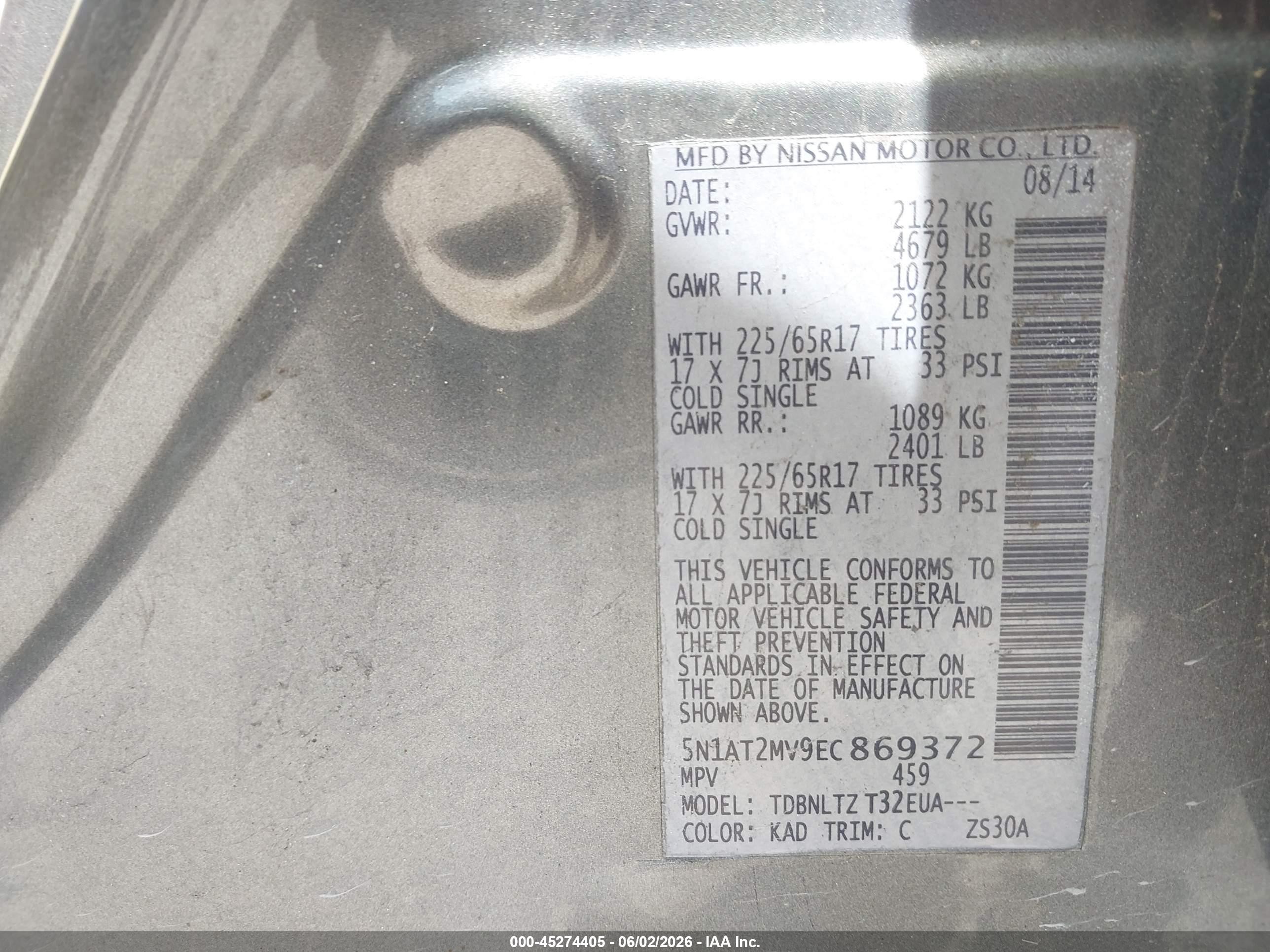 2014 Nissan Rogue Sv Gray vin: 5N1AT2MV9EC869372