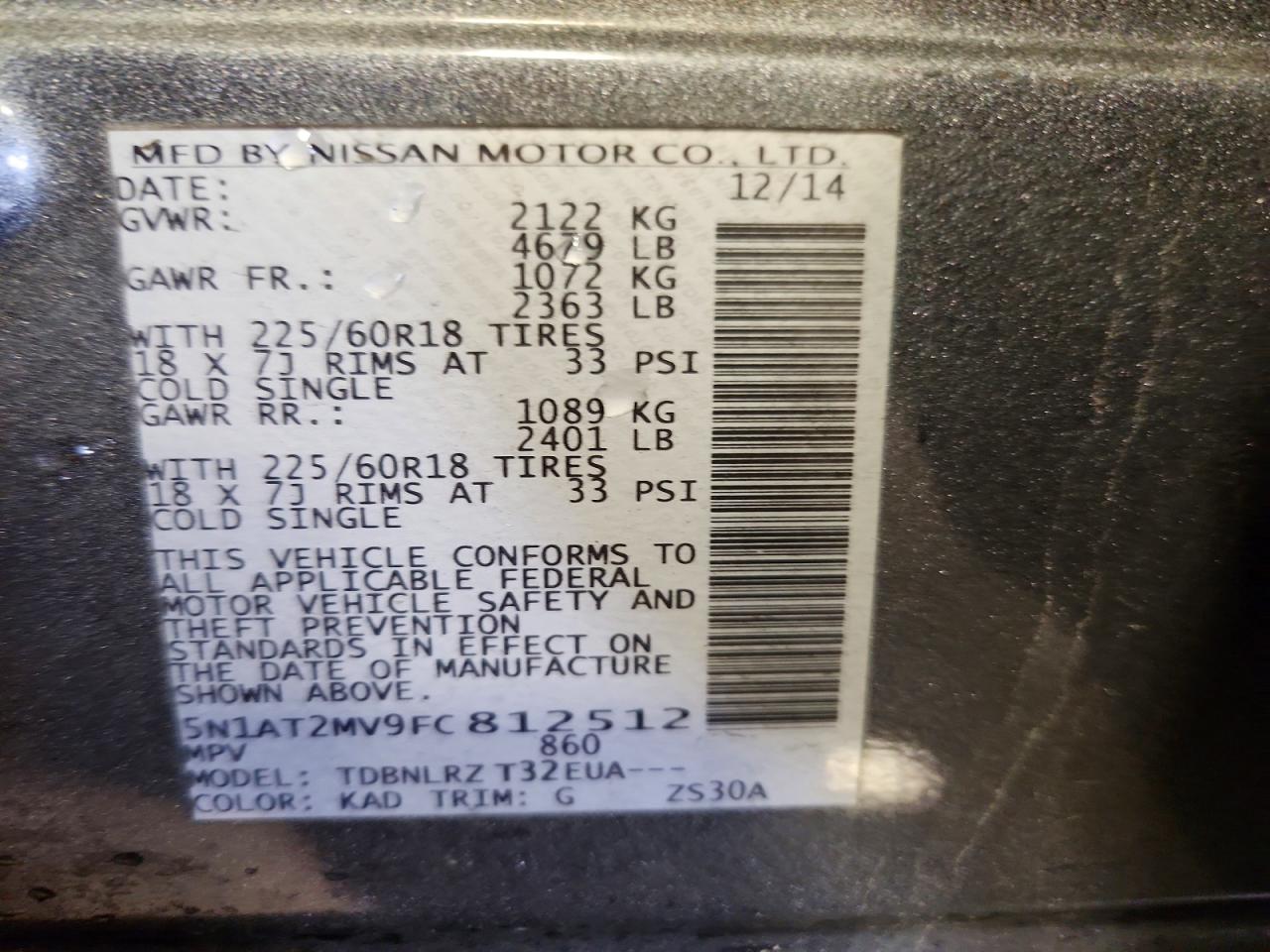 2015 Nissan Rogue Sl Gray vin: 5N1AT2MV9FC812512