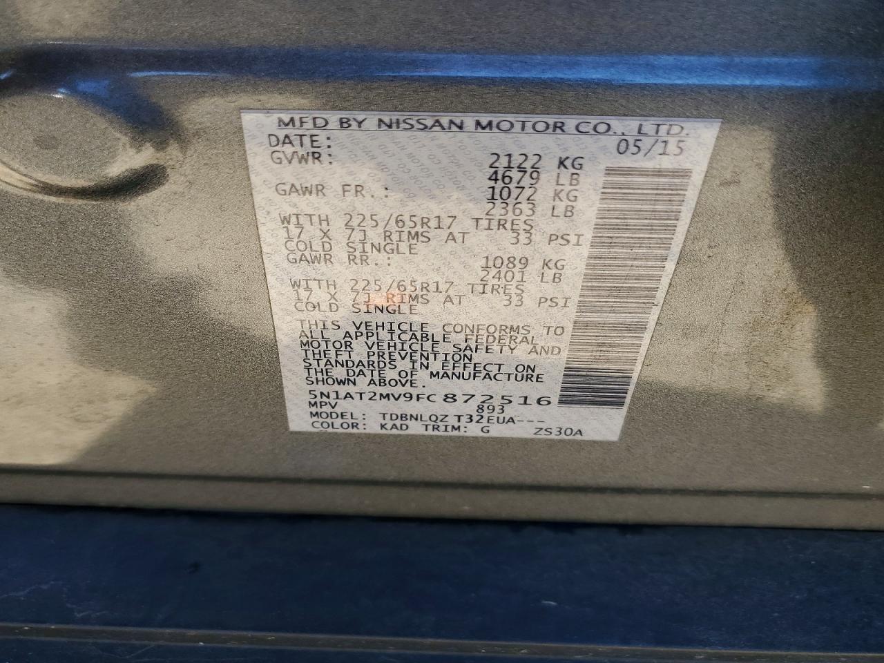 2015 Nissan Rogue Sv Серый vin: 5N1AT2MV9FC872516