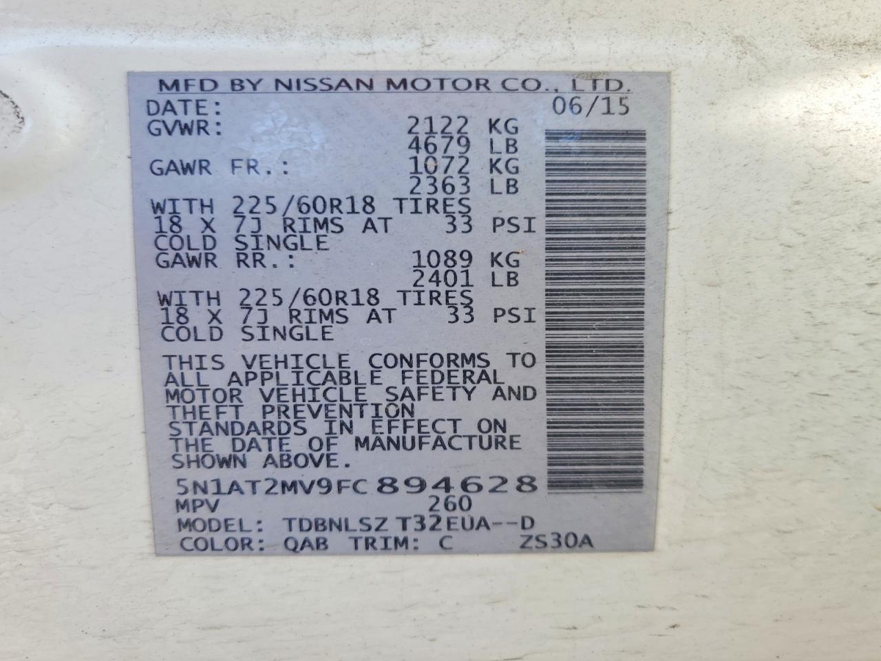 2015 Nissan Rogue Sl Белый vin: 5N1AT2MV9FC894628