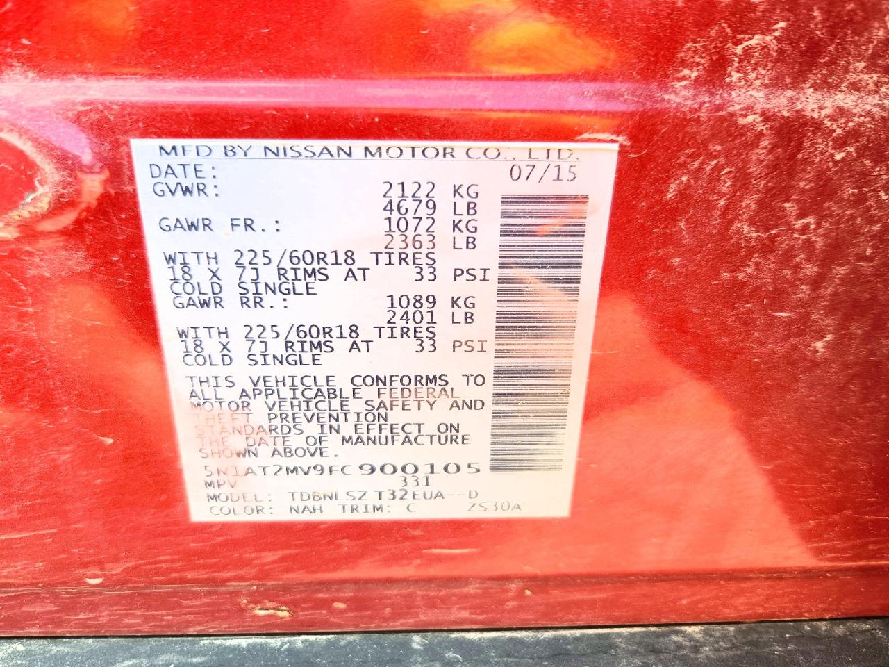 2015 Nissan Rogue Sl Red vin: 5N1AT2MV9FC900105
