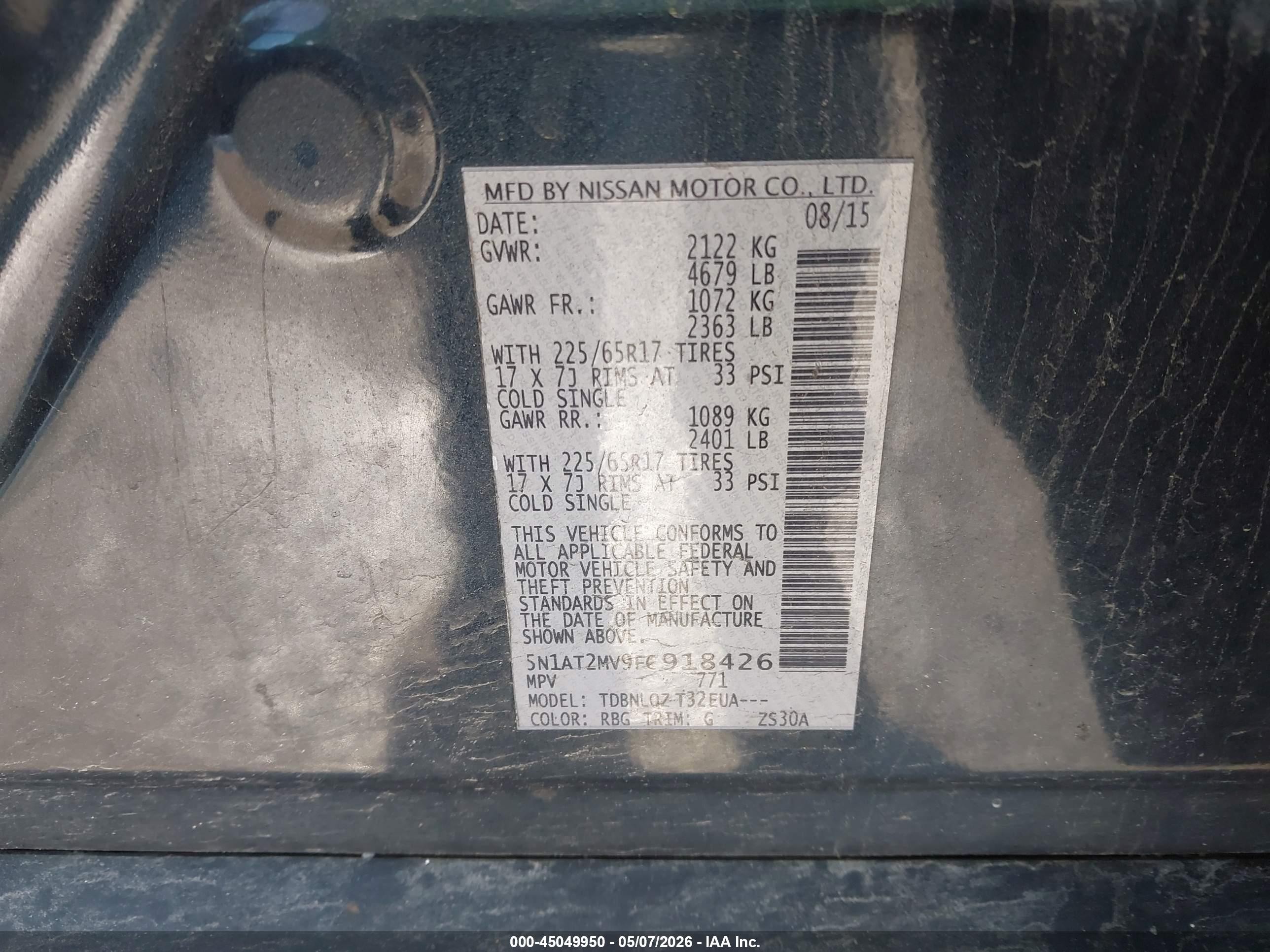 2015 Nissan Rogue Sv Blue vin: 5N1AT2MV9FC918426