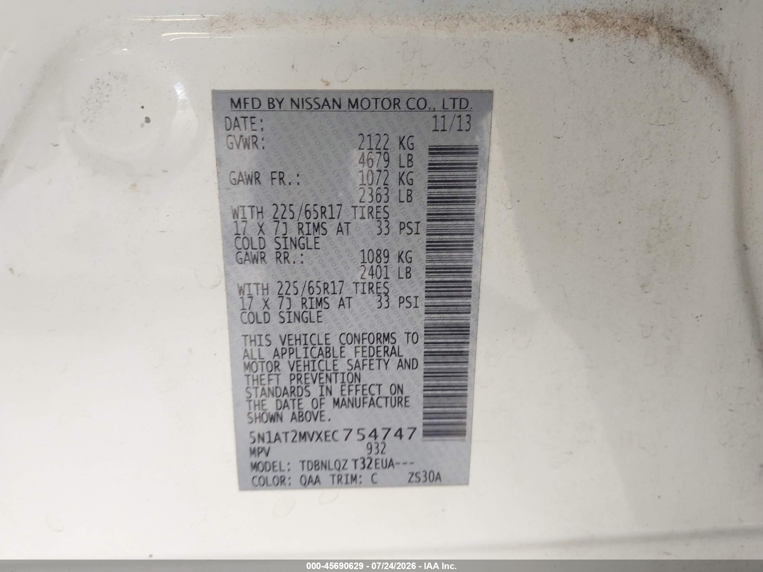 2014 Nissan Rogue Sv White vin: 5N1AT2MVXEC754747