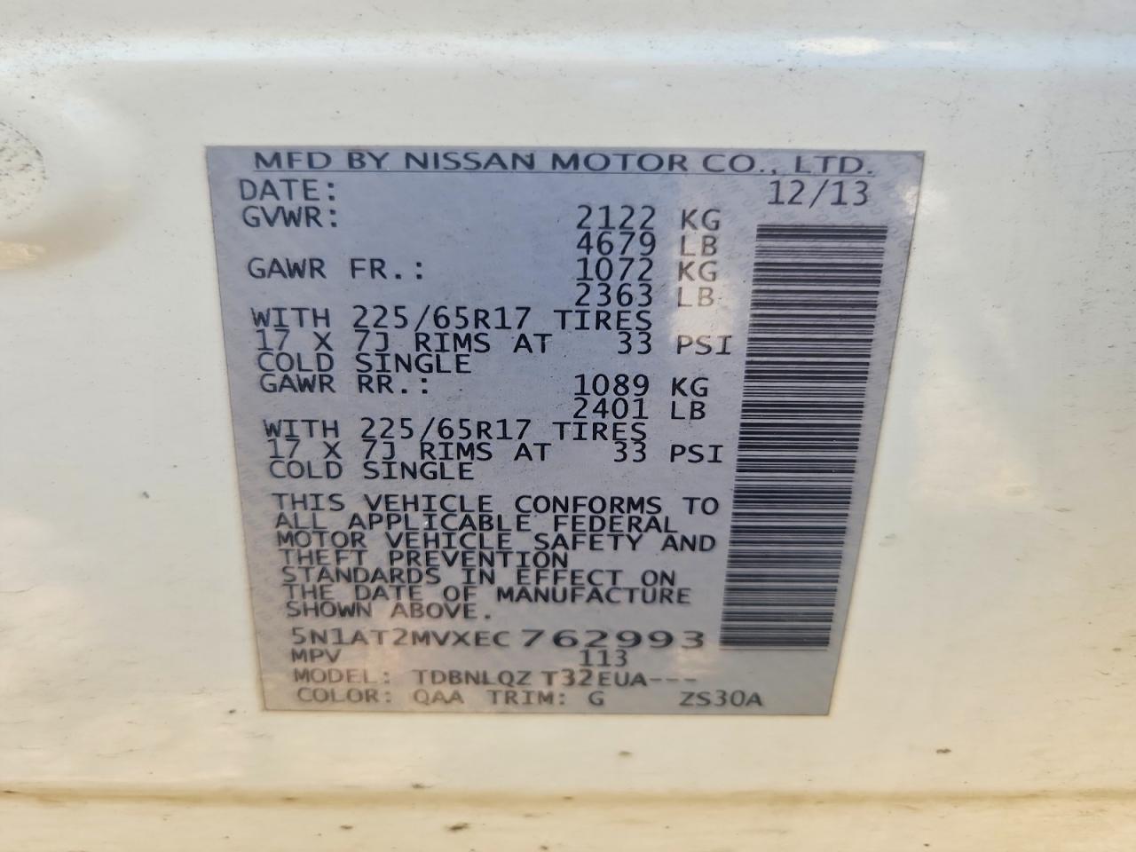 2014 Nissan Rogue Sv White vin: 5N1AT2MVXEC762993