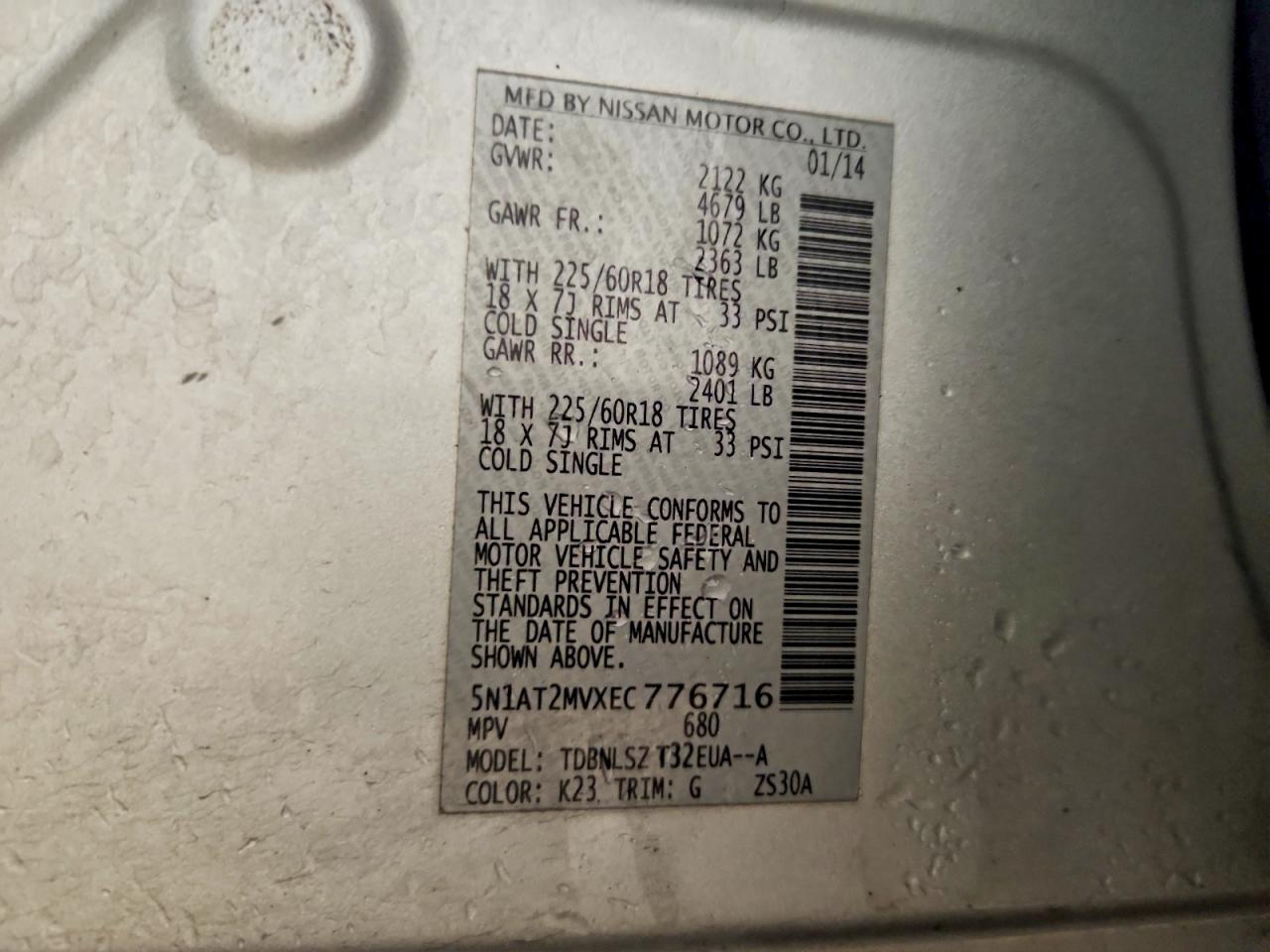 2014 Nissan Rogue Sl Silver vin: 5N1AT2MVXEC776716