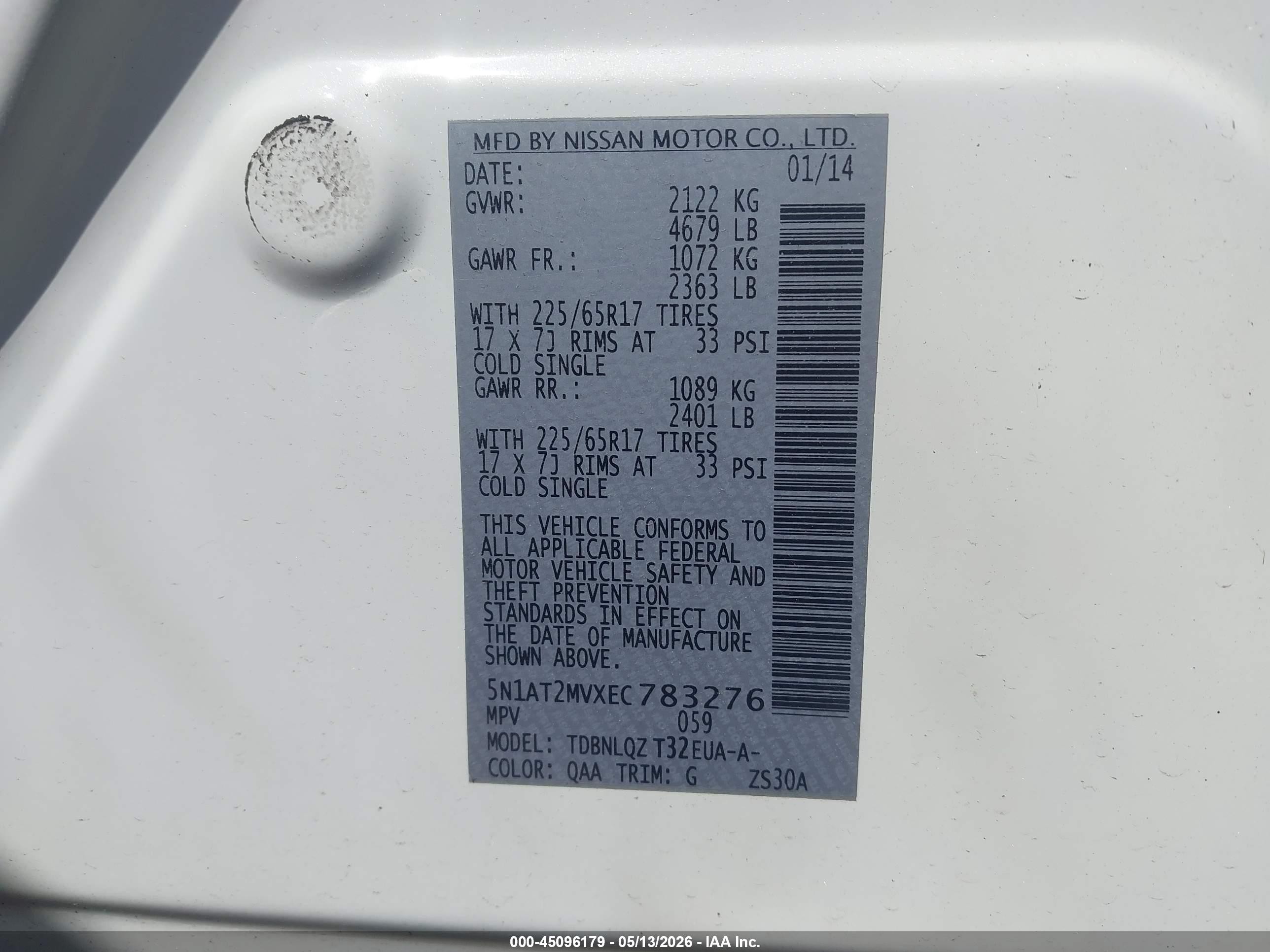 2014 Nissan Rogue Sv White vin: 5N1AT2MVXEC783276