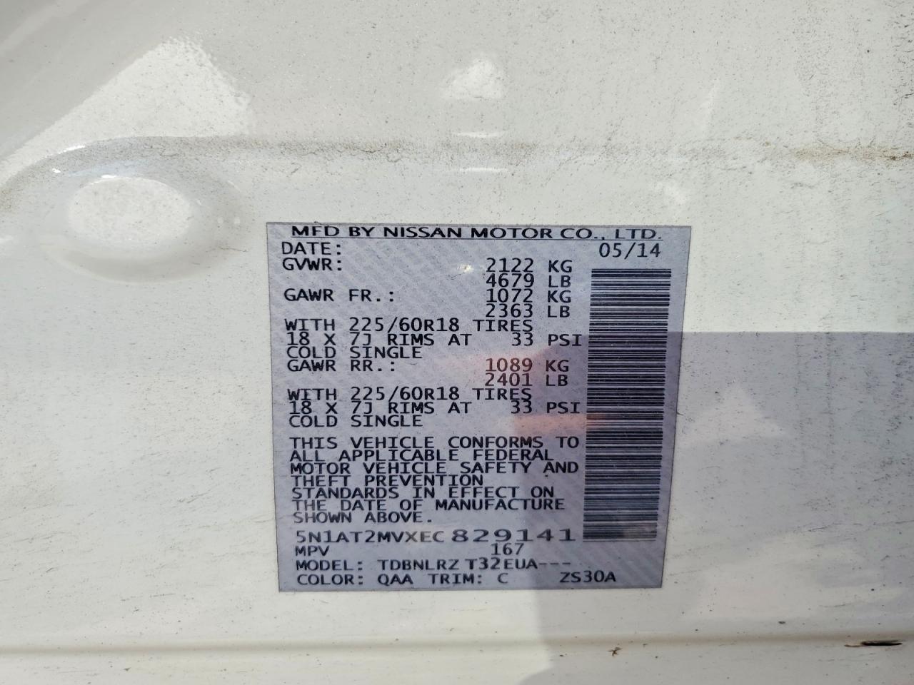 2014 Nissan Rogue Sl White vin: 5N1AT2MVXEC829141