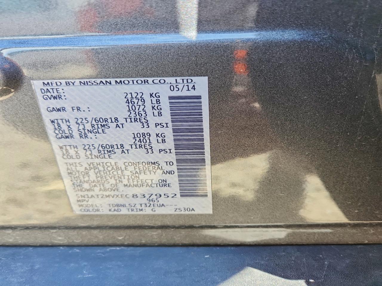 2014 Nissan Rogue Sl Gray vin: 5N1AT2MVXEC837952