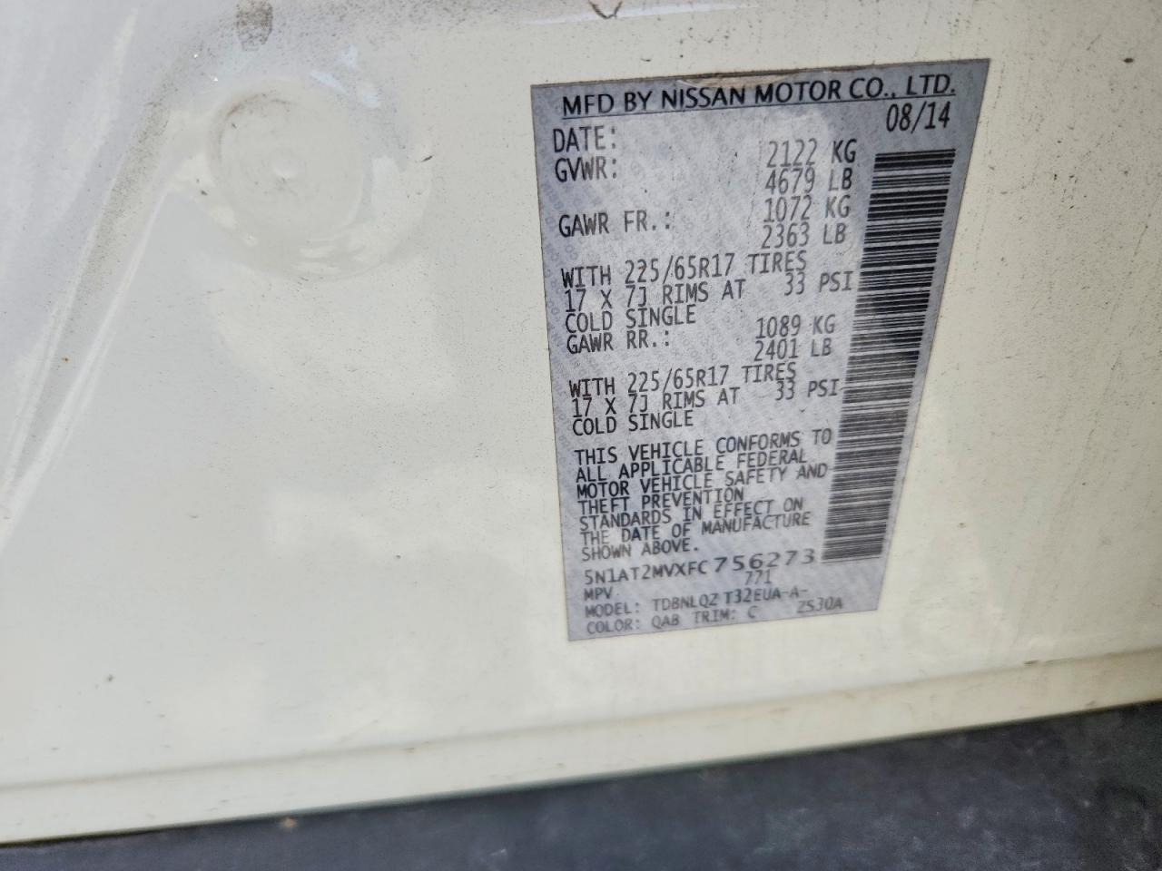 2015 Nissan Rogue Sv White vin: 5N1AT2MVXFC756273