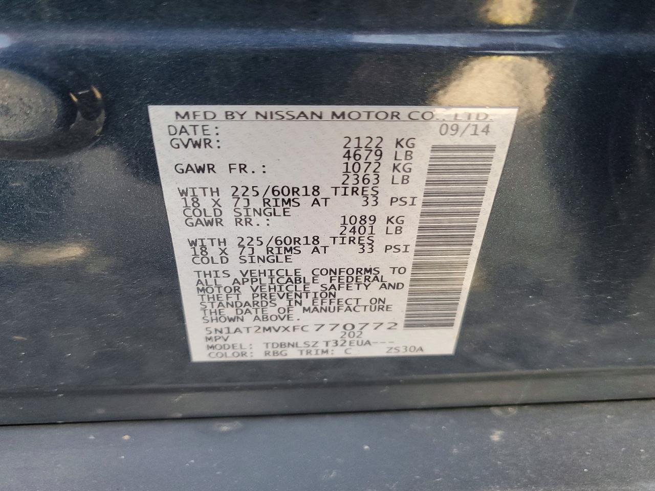 2015 Nissan Rogue Sl Blue vin: 5N1AT2MVXFC770772