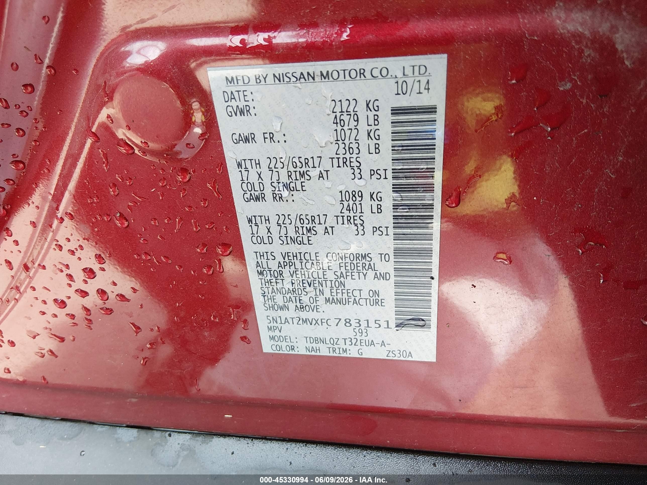 2015 Nissan Rogue Sv Red vin: 5N1AT2MVXFC783151