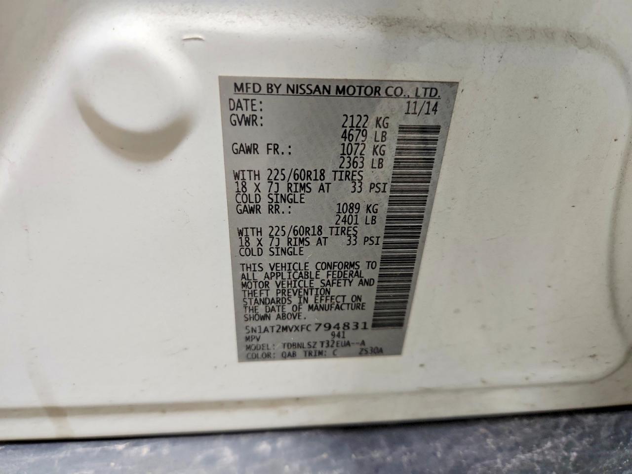 2015 Nissan Rogue Sl White vin: 5N1AT2MVXFC794831