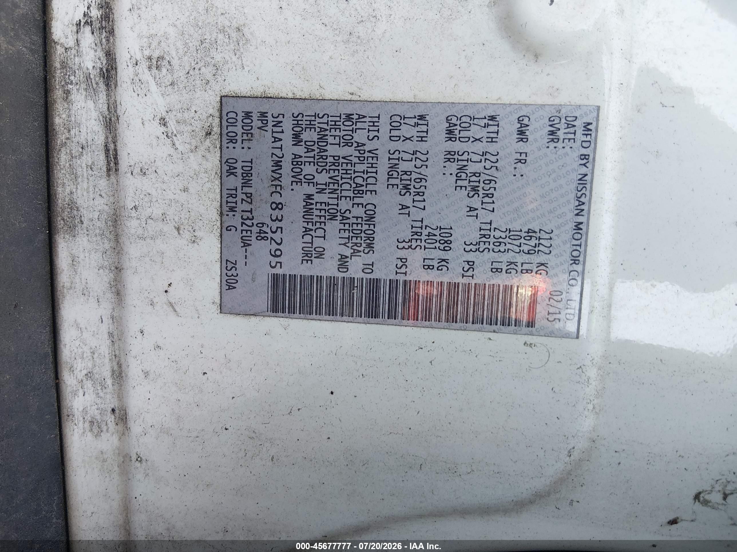 2015 Nissan Rogue S White vin: 5N1AT2MVXFC835295