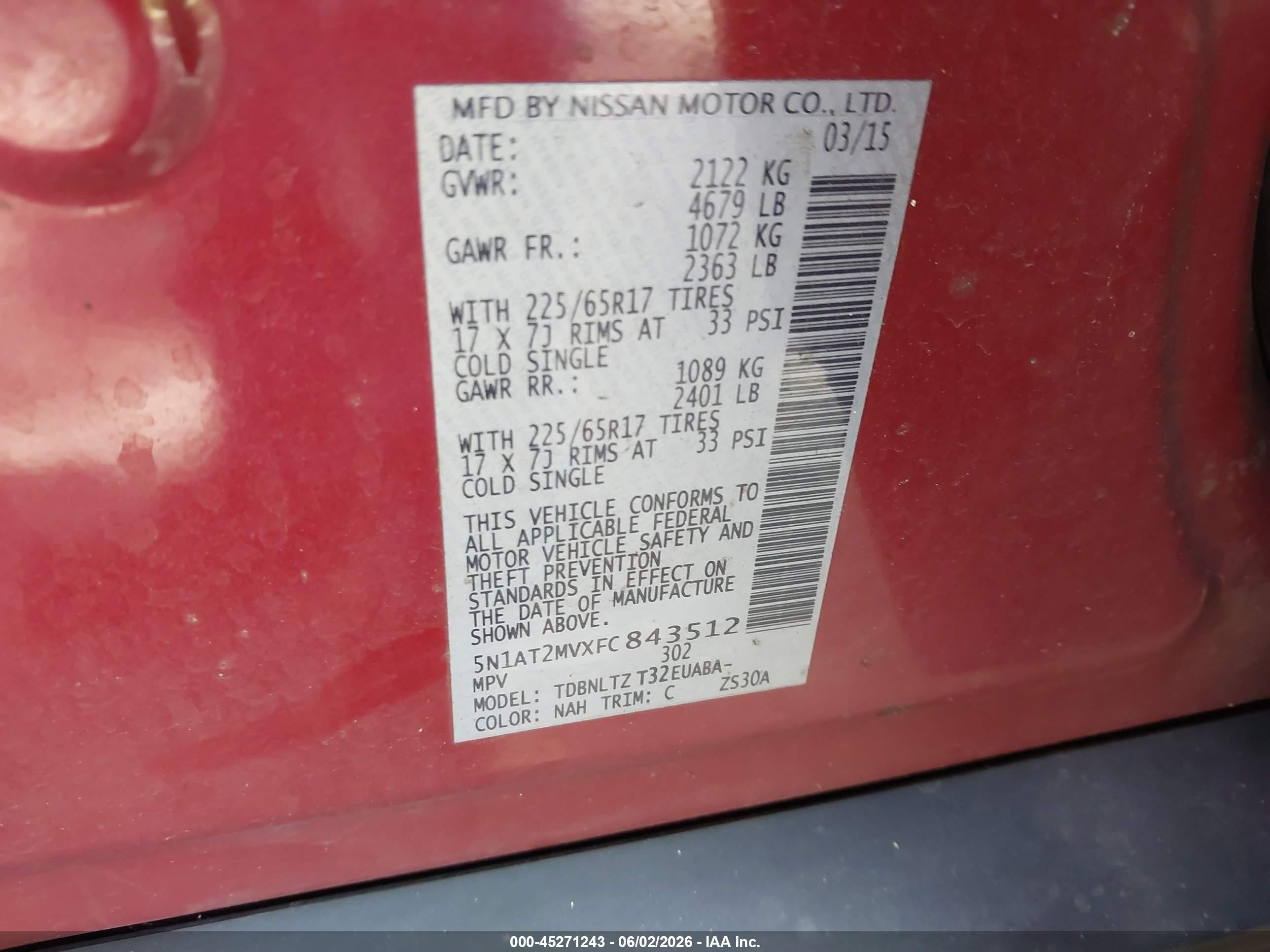 2015 Nissan Rogue Sv Red vin: 5N1AT2MVXFC843512