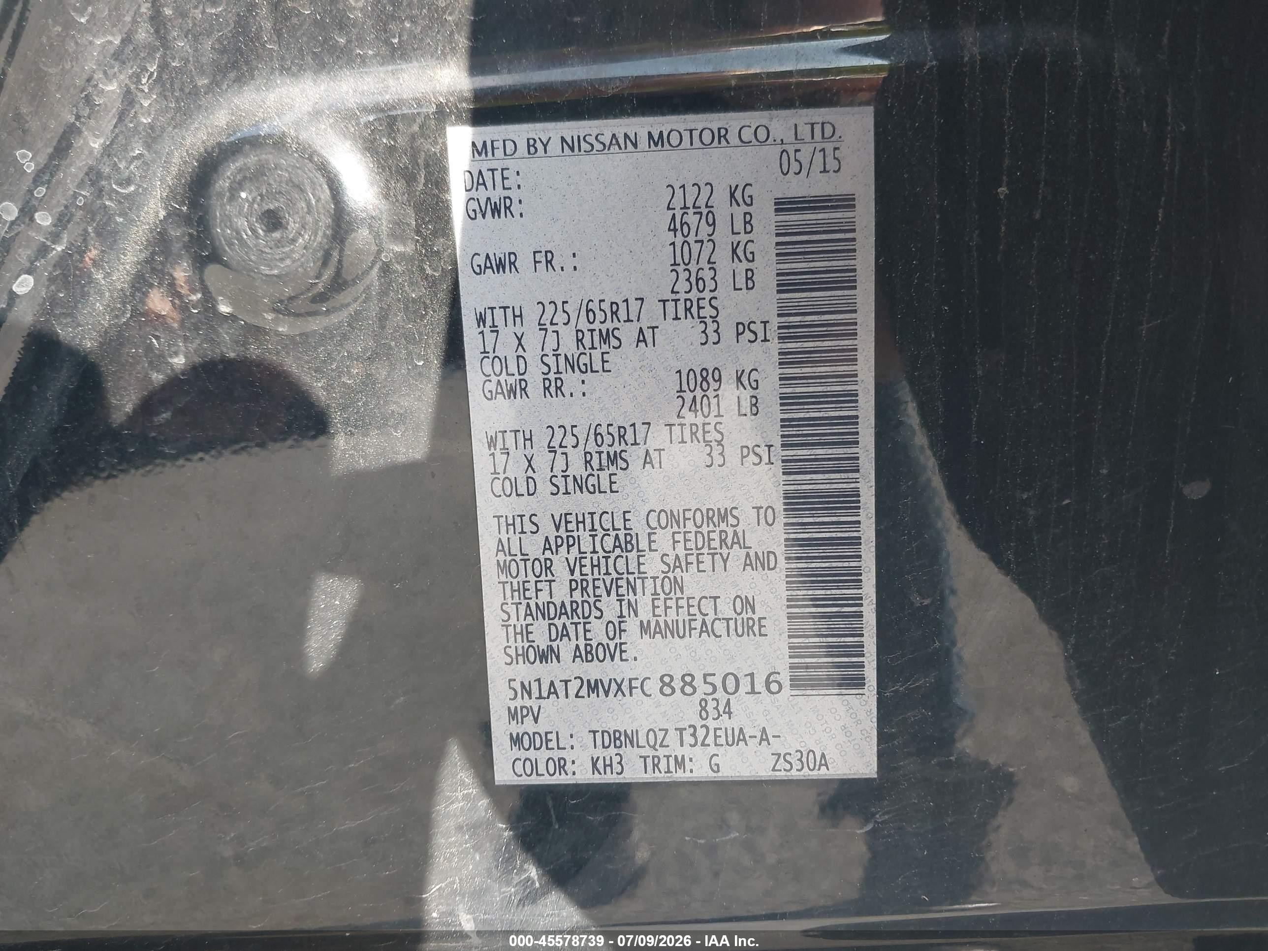 2015 Nissan Rogue Sv Black vin: 5N1AT2MVXFC885016