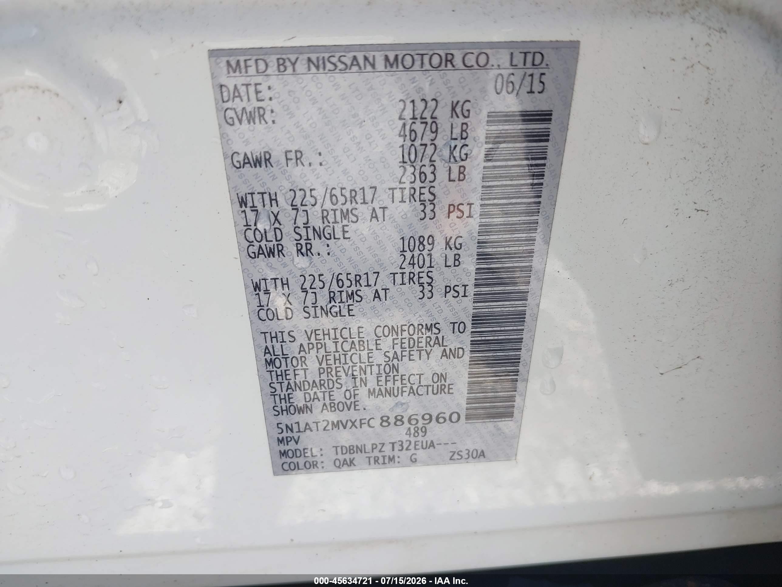 2015 Nissan Rogue S White vin: 5N1AT2MVXFC886960