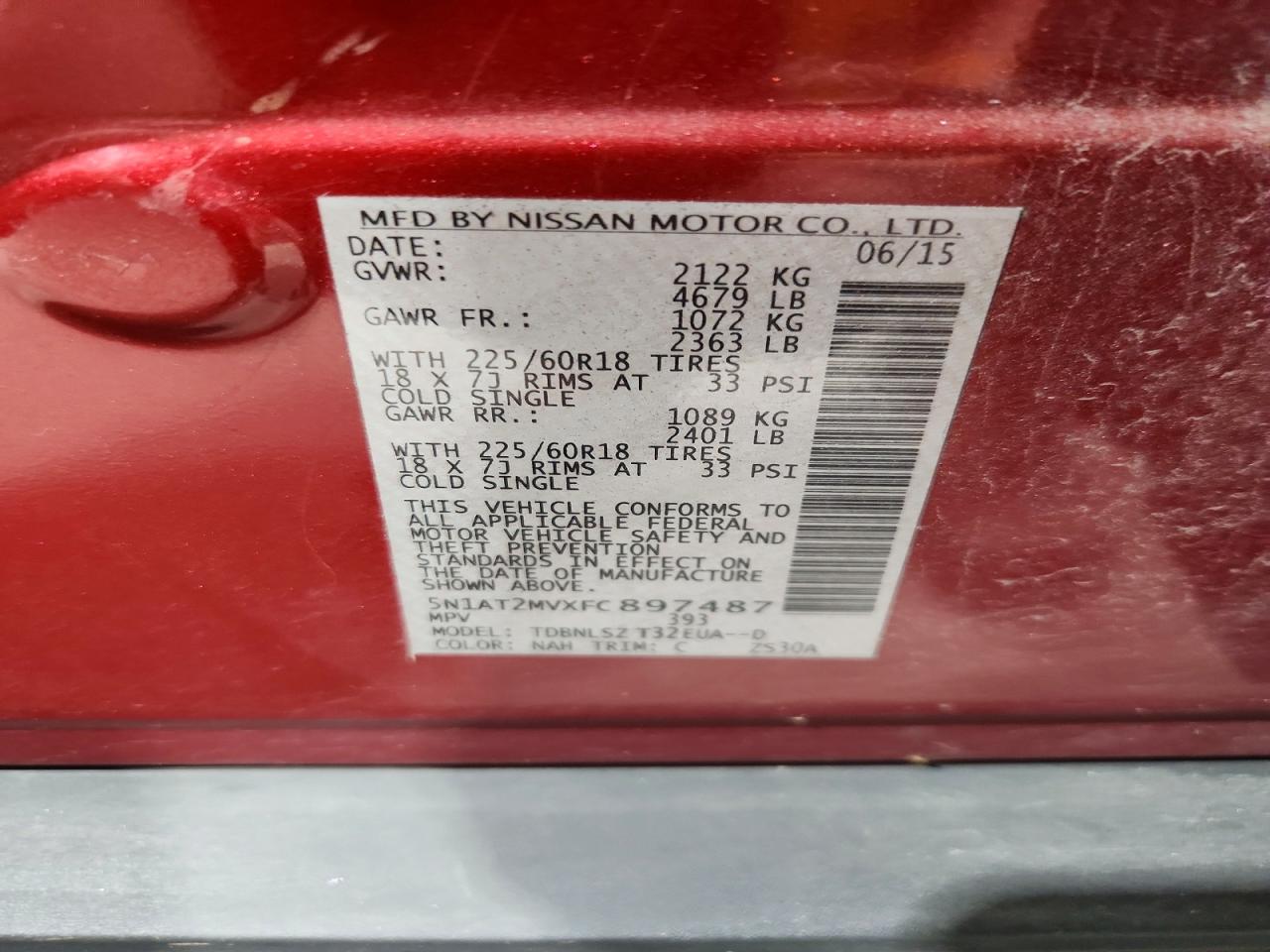 2015 Nissan Rogue Sl Burgundy vin: 5N1AT2MVXFC897487