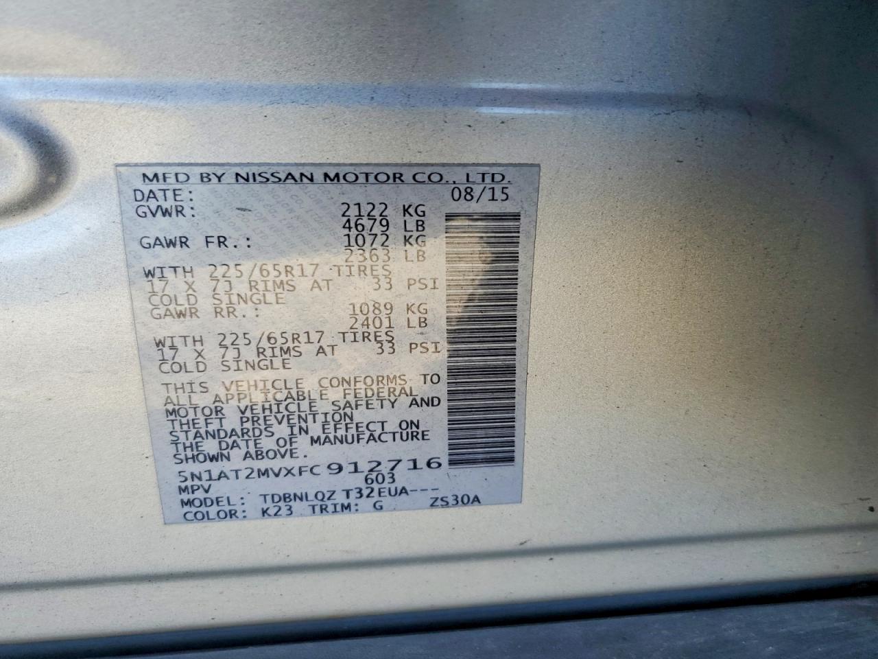 2015 Nissan Rogue Sv Silver vin: 5N1AT2MVXFC912716