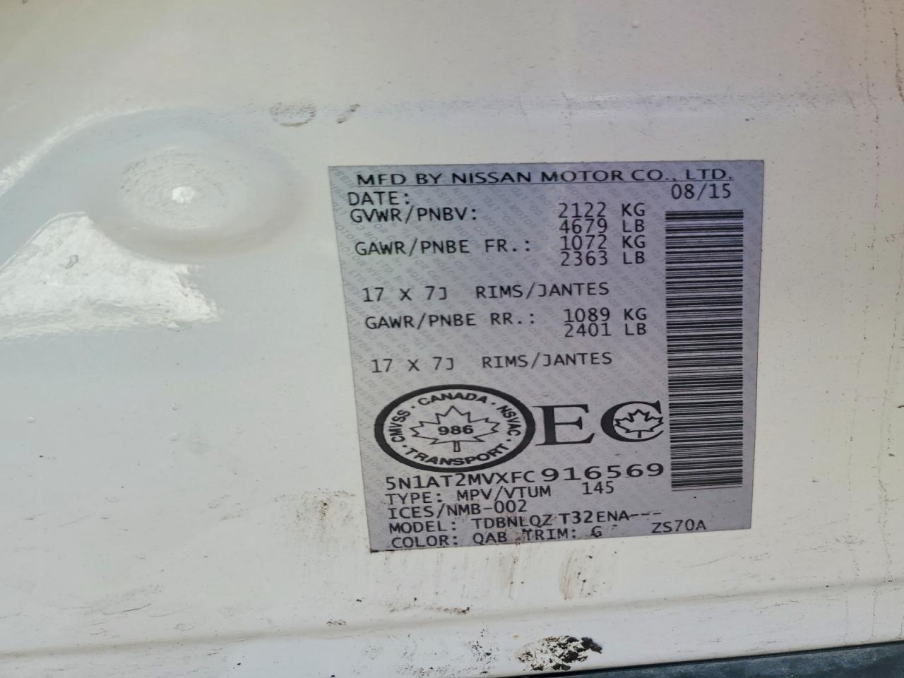 2015 Nissan Rogue S White vin: 5N1AT2MVXFC916569