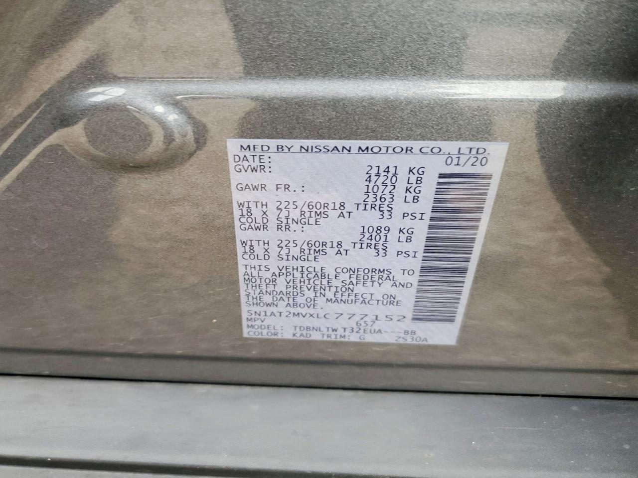 2020 Nissan Rogue Sv Gray vin: 5N1AT2MVXLC777152