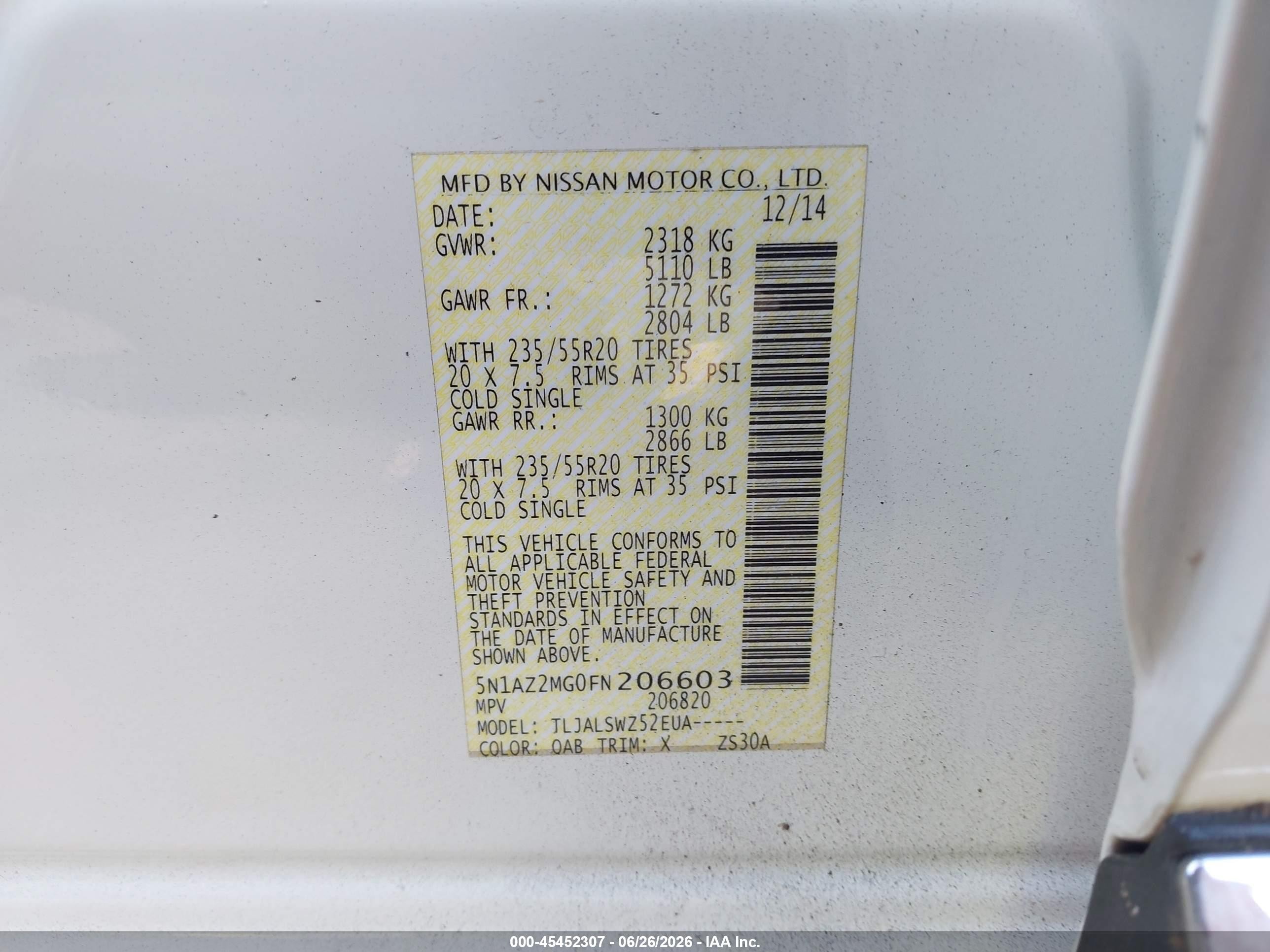 2015 Nissan Murano Platinum White vin: 5N1AZ2MG0FN206603