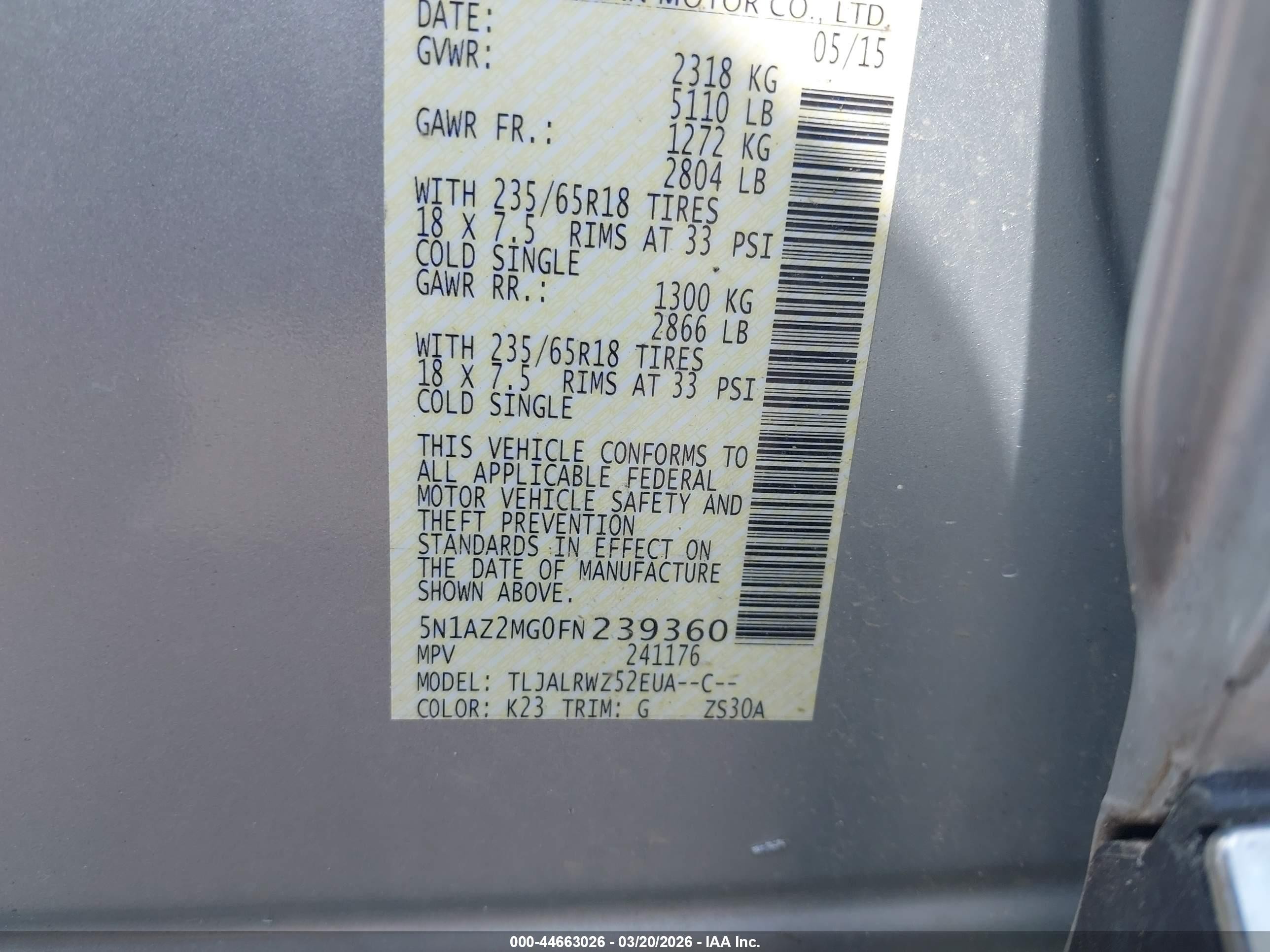 2015 Nissan Murano Sl Серебряный vin: 5N1AZ2MG0FN239360